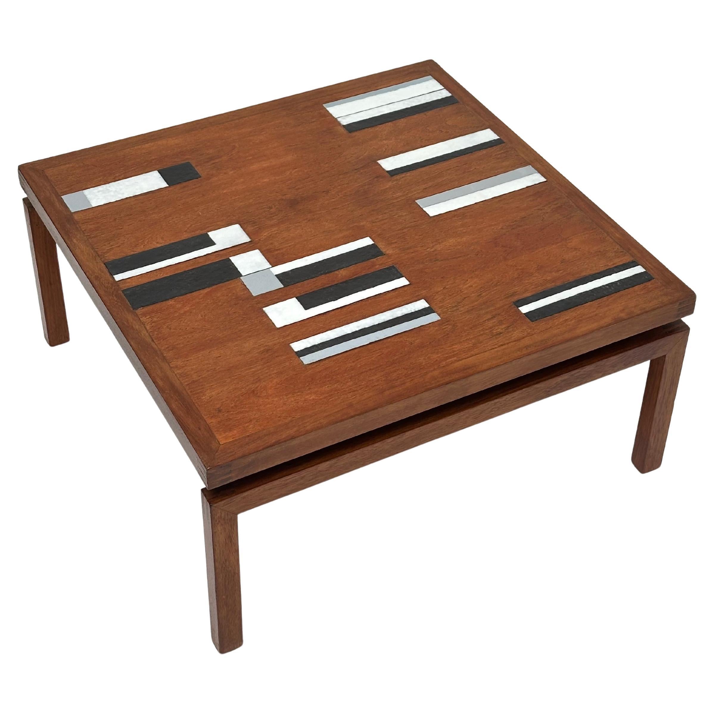 Table basse en teck avec incrustations en céramique, Roger Capron, Vallauris AM 1962