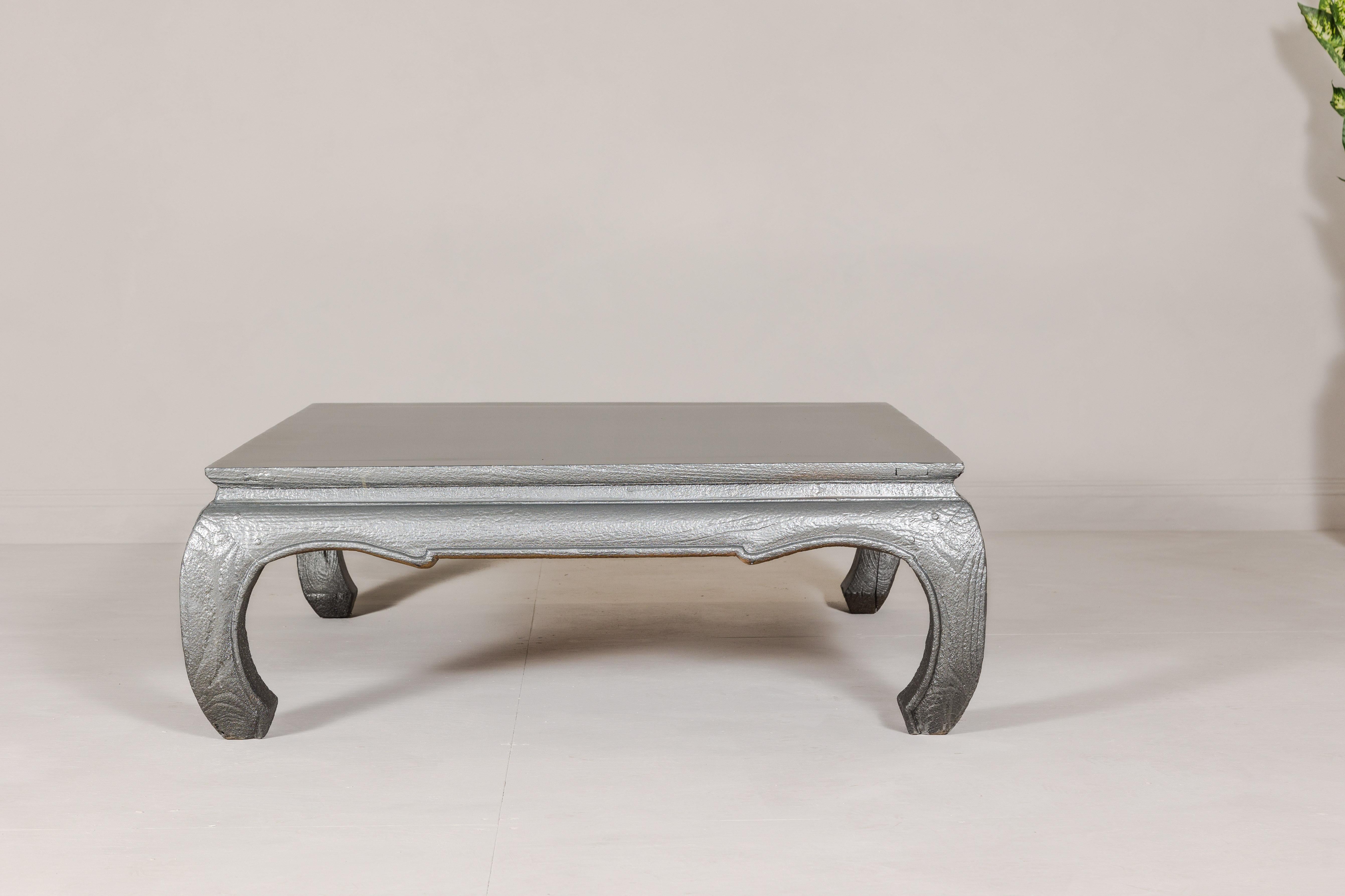Teak Coffee Table with Custom Silver Patina, Chow Legs and Carved Apron For Sale 3