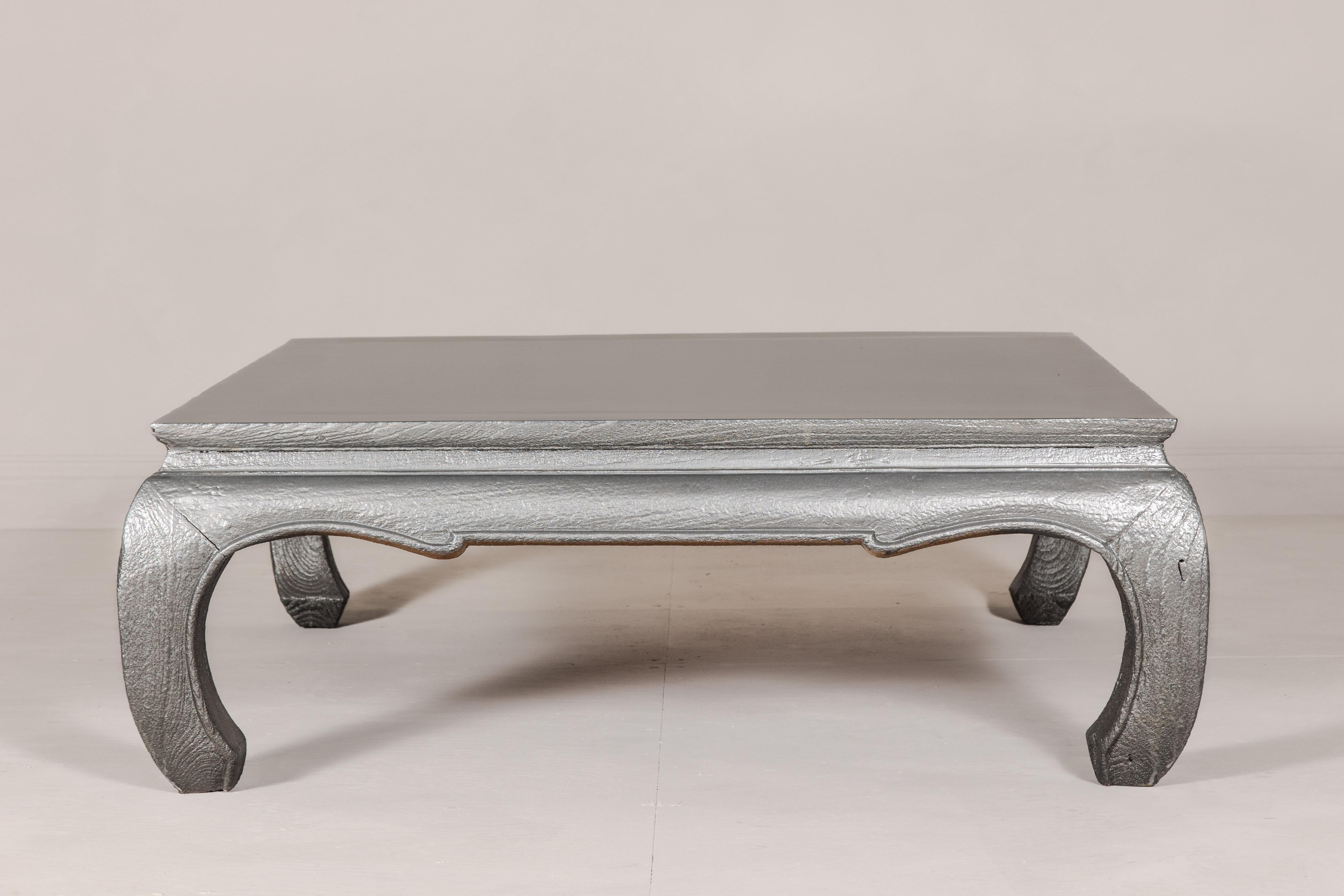 Teak Coffee Table with Custom Silver Patina, Chow Legs and Carved Apron For Sale 4
