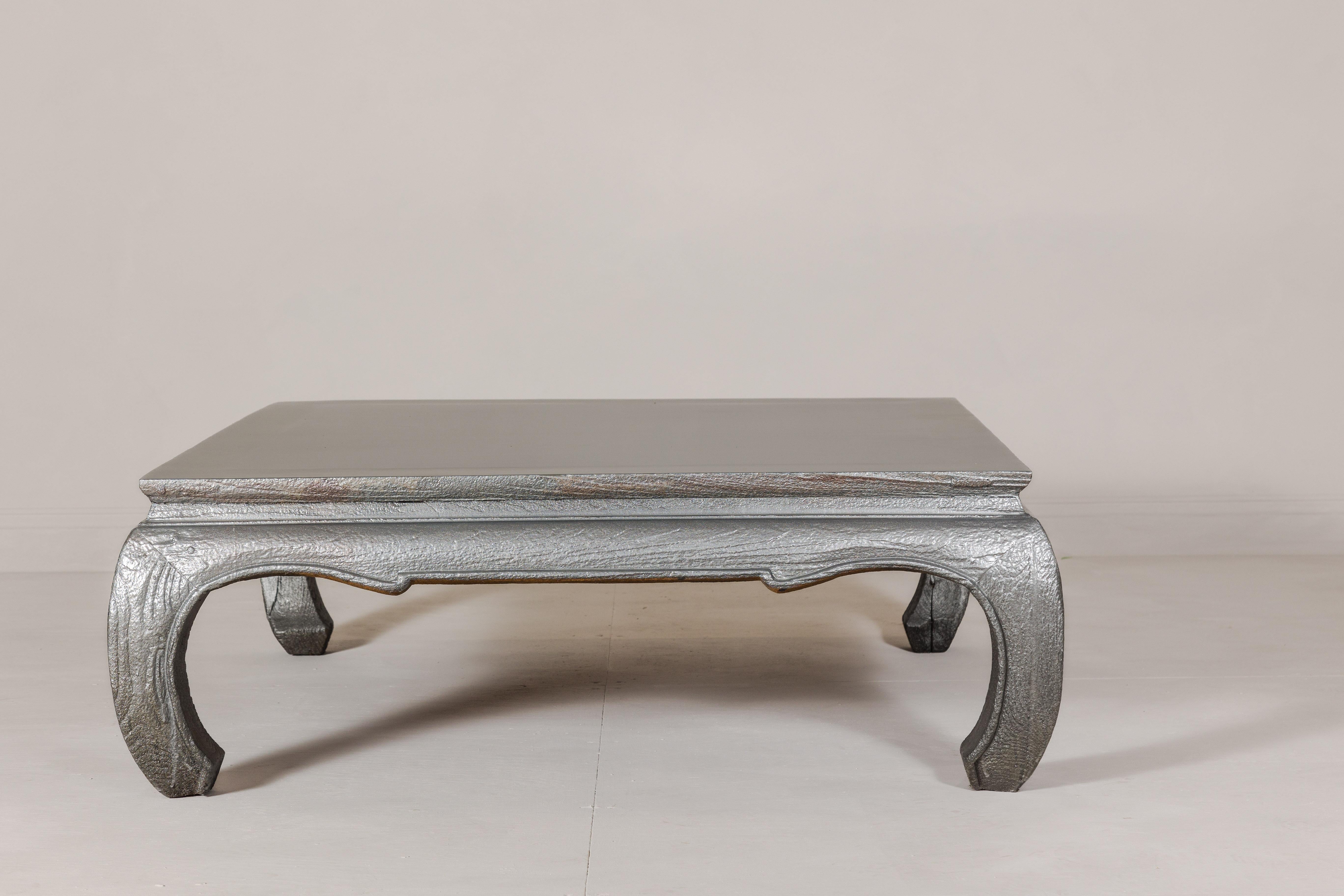 Teak Coffee Table with Custom Silver Patina, Chow Legs and Carved Apron For Sale 5