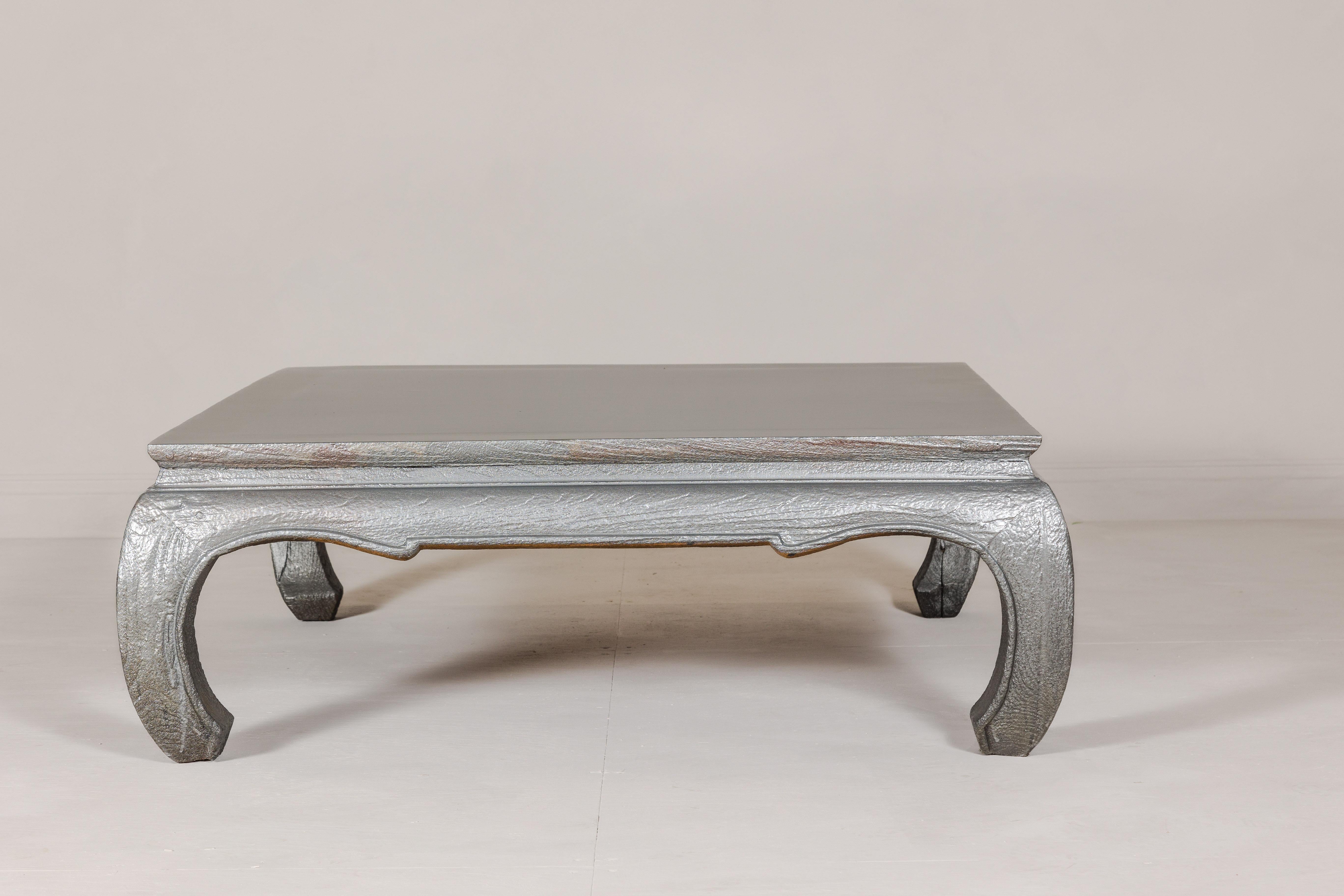 Teak Coffee Table with Custom Silver Patina, Chow Legs and Carved Apron For Sale 6