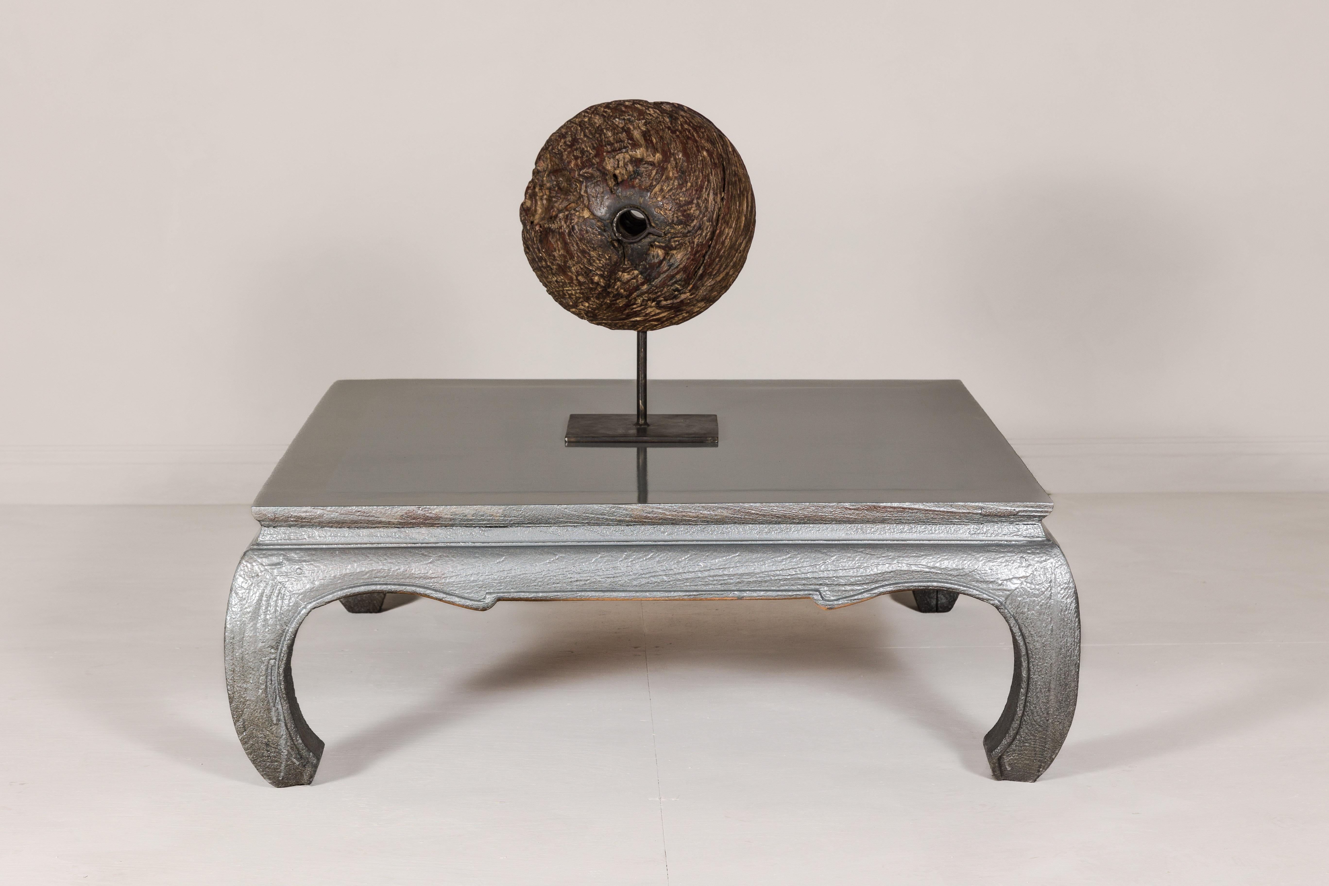 Teak Coffee Table with Custom Silver Patina, Chow Legs and Carved Apron For Sale 7