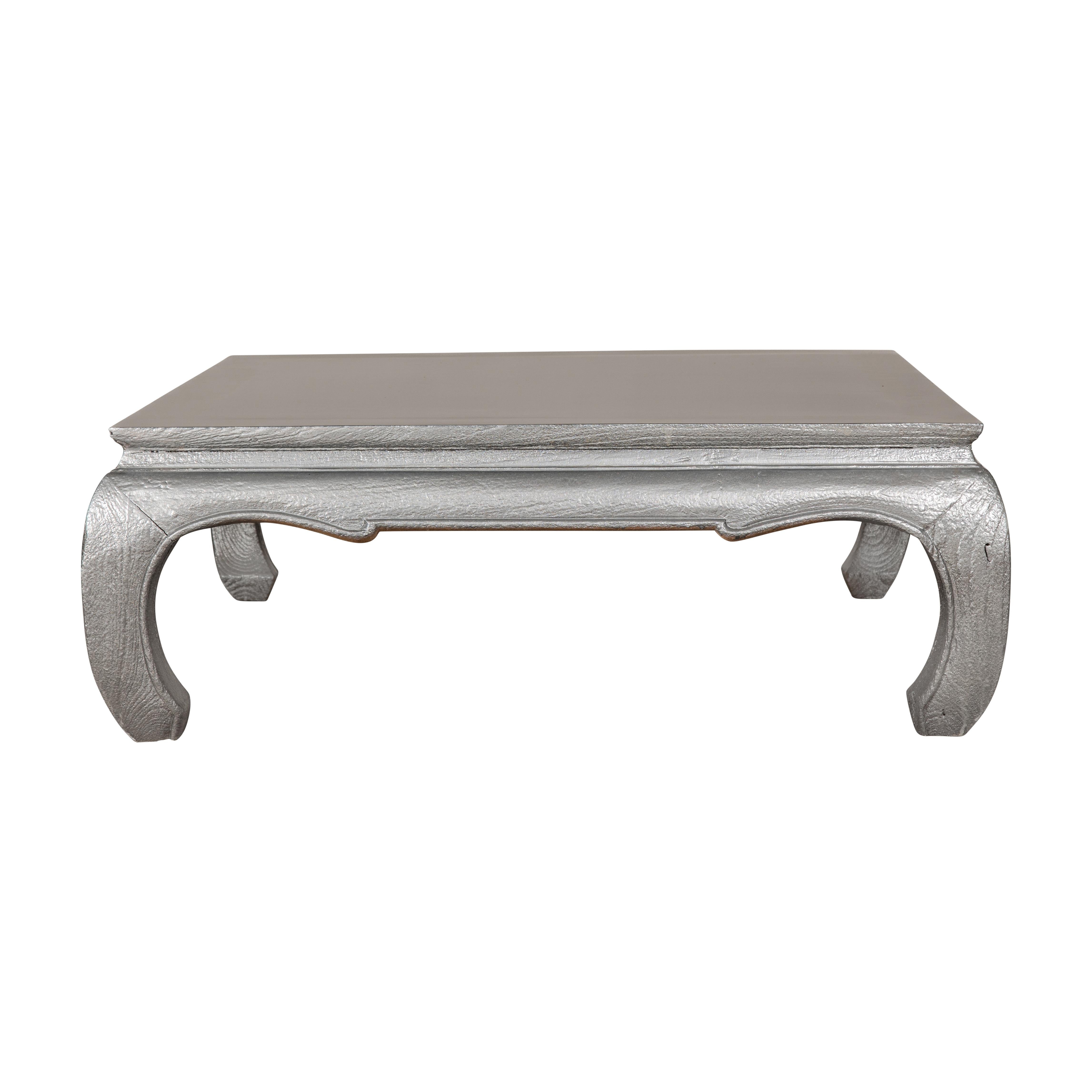 Teak Coffee Table with Custom Silver Patina, Chow Legs and Carved Apron For Sale 9