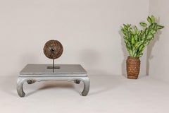 Teak Coffee Table with Custom Silver Patina, Chow Legs and Carved Apron