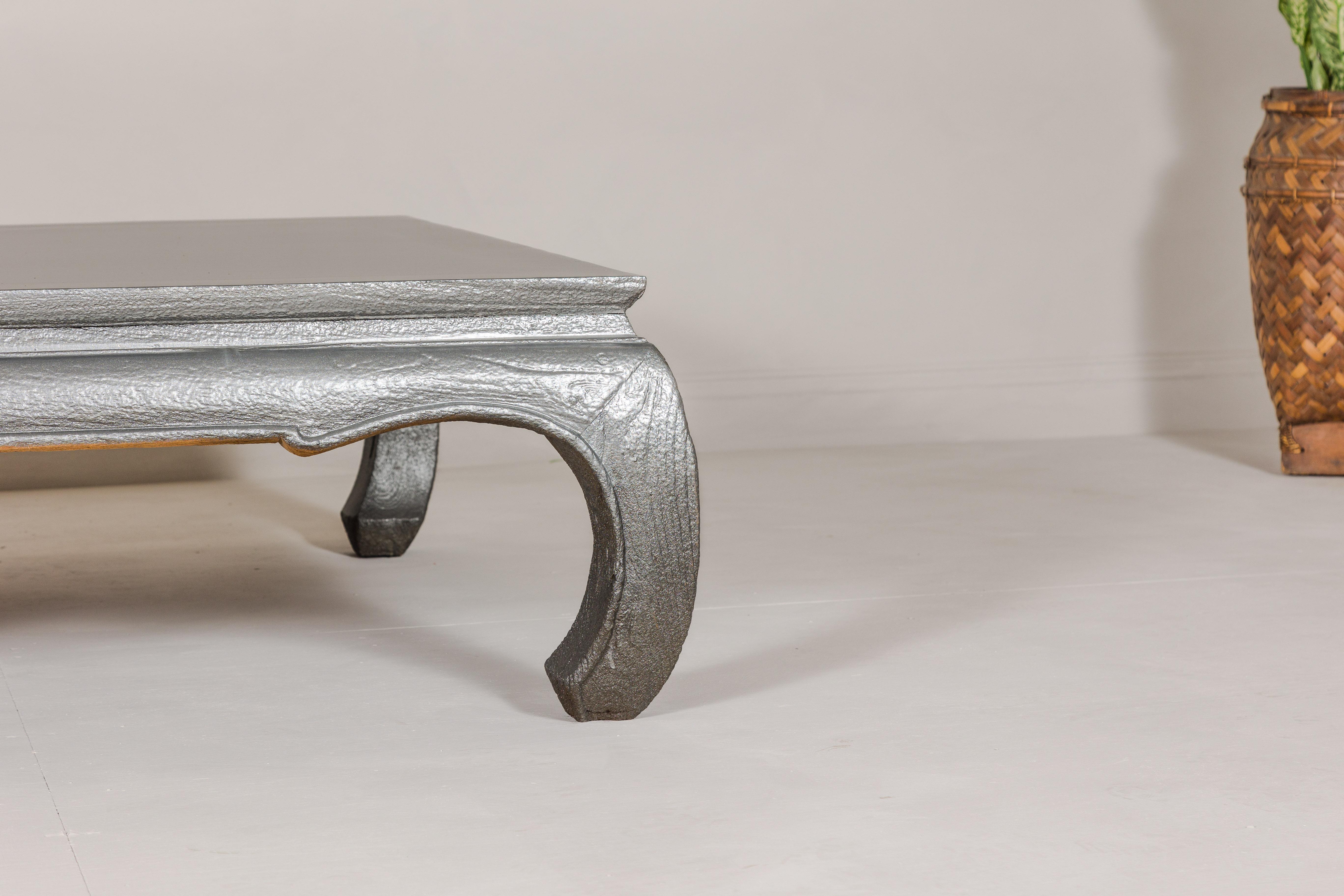 Thai Teak Coffee Table with Custom Silver Patina, Chow Legs and Carved Apron For Sale