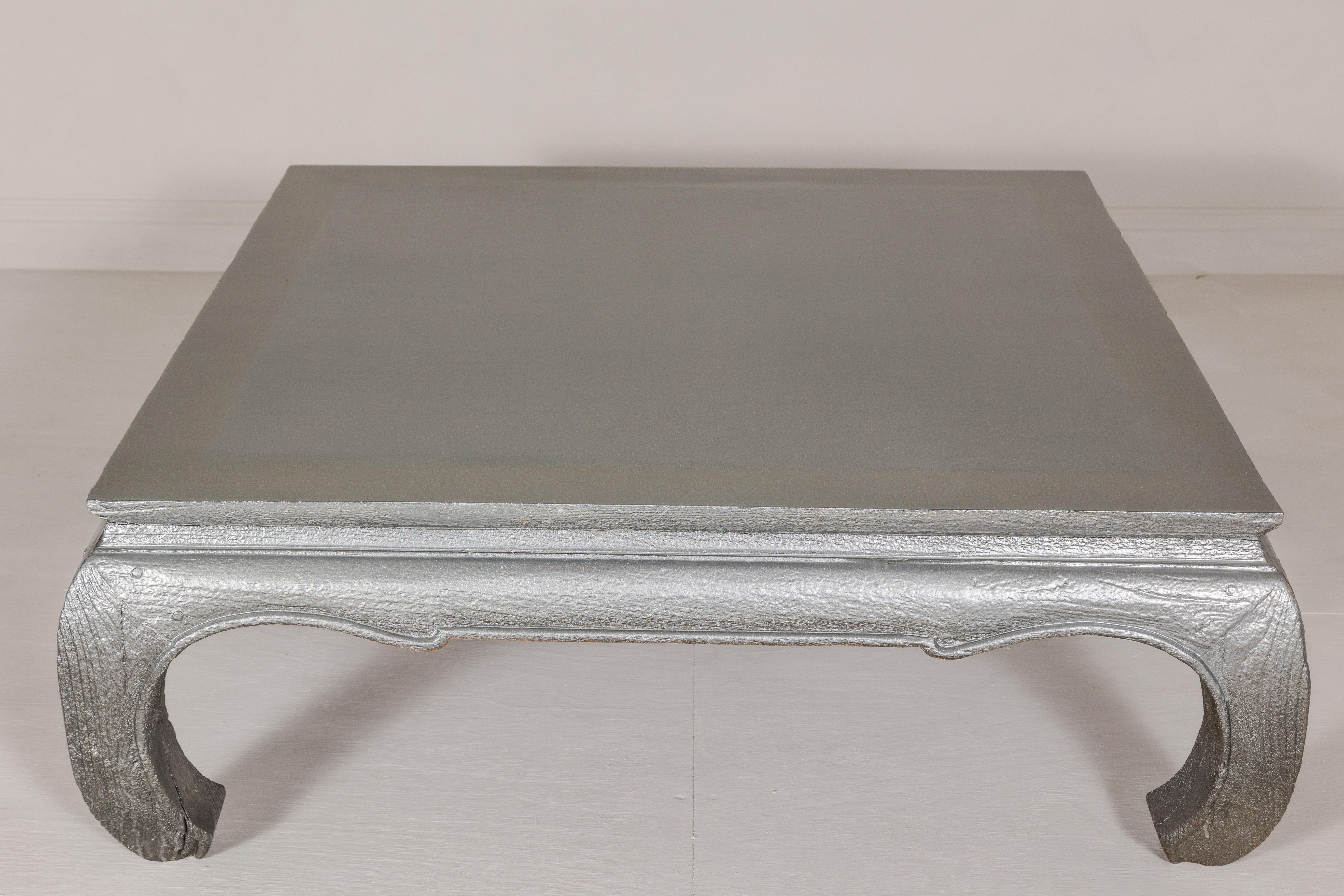 Teak Coffee Table with Custom Silver Patina, Chow Legs and Carved Apron In Good Condition For Sale In Yonkers, NY