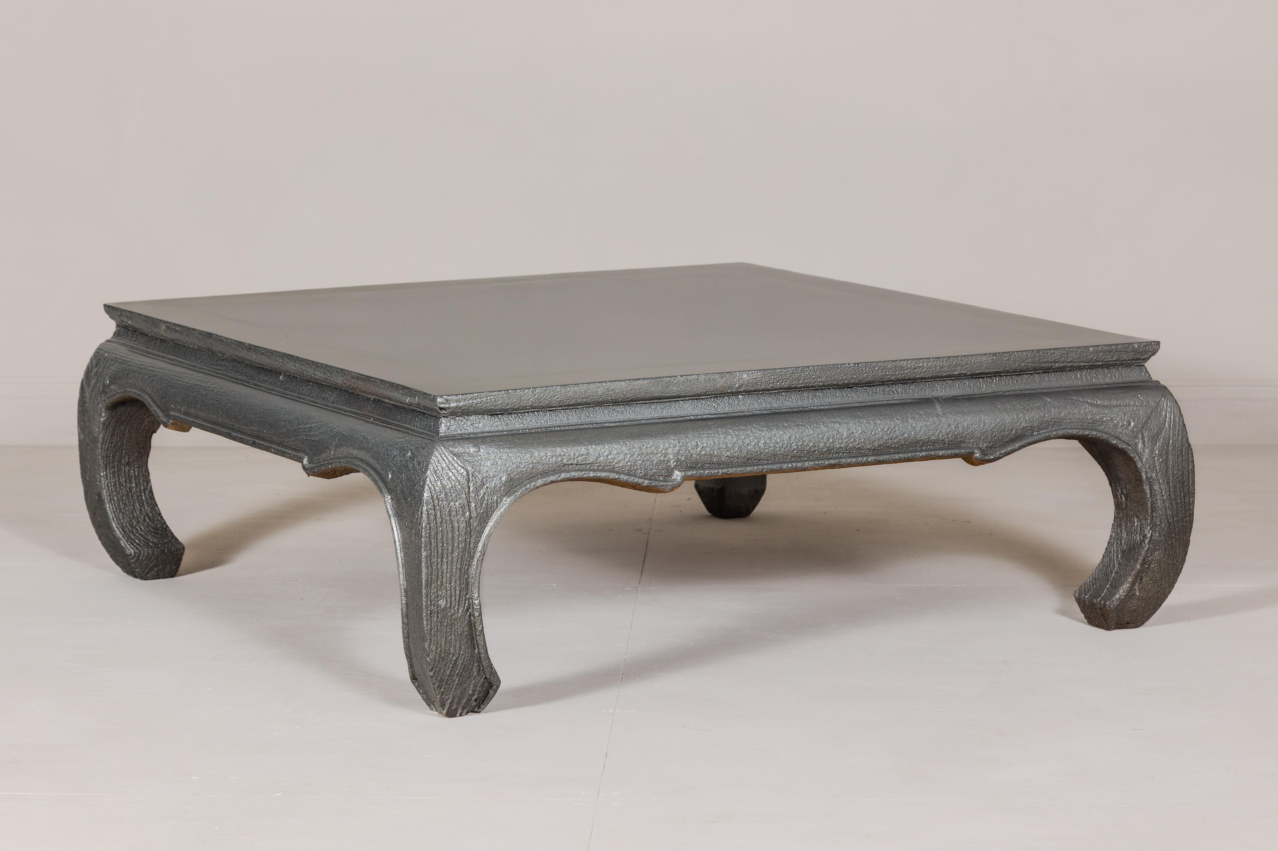 20th Century Teak Coffee Table with Custom Silver Patina, Chow Legs and Carved Apron For Sale
