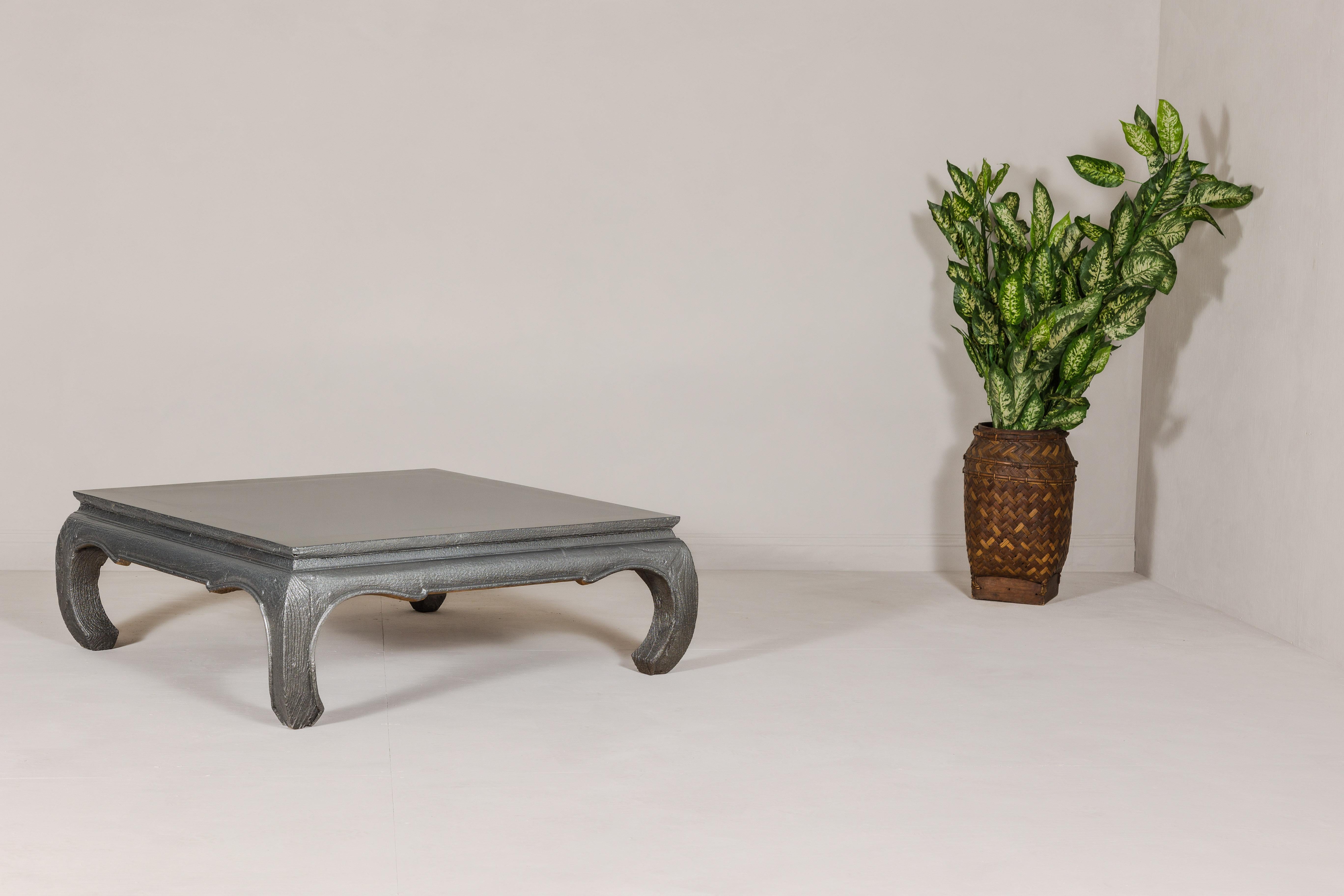 Teak Coffee Table with Custom Silver Patina, Chow Legs and Carved Apron For Sale 1