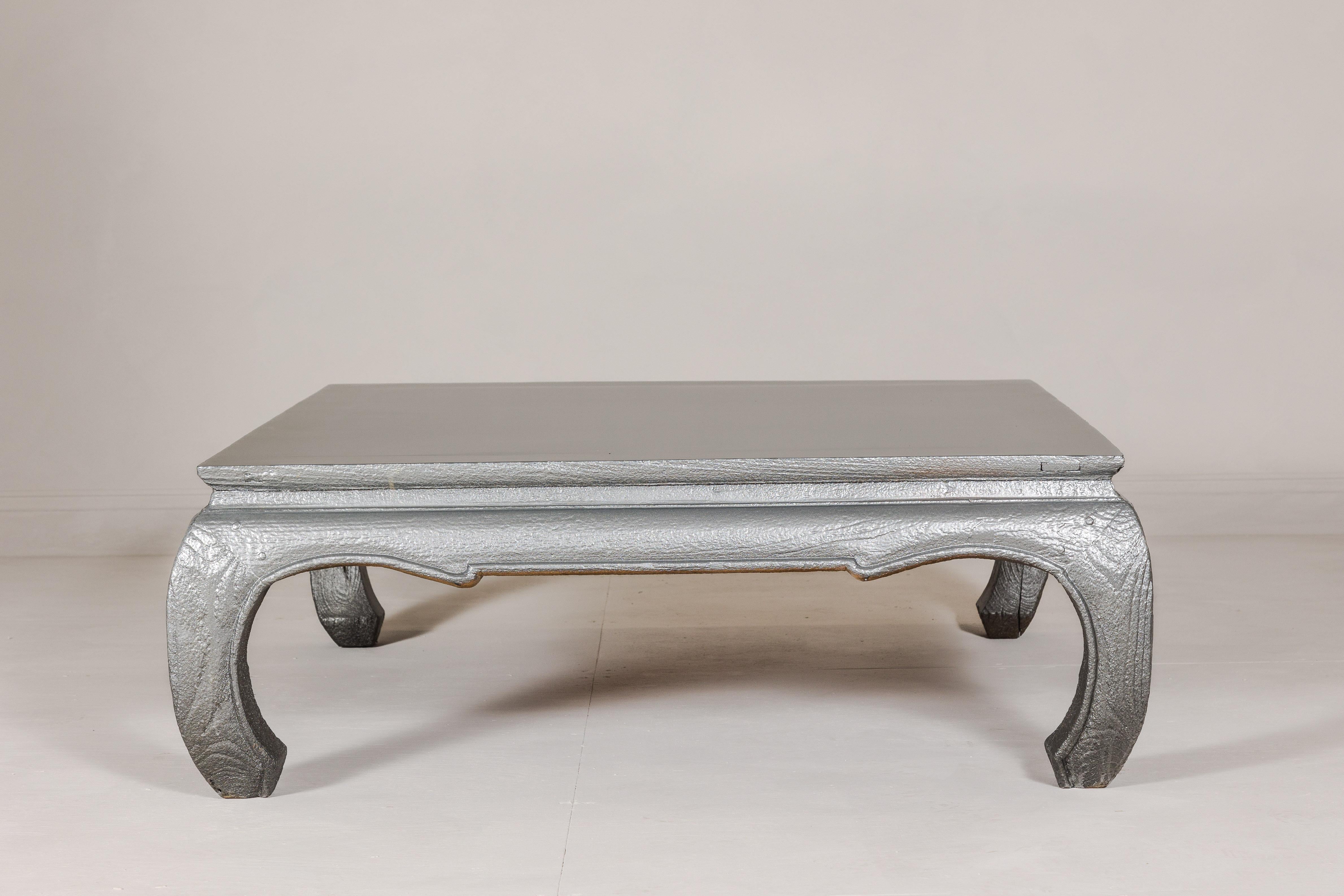 Teak Coffee Table with Custom Silver Patina, Chow Legs and Carved Apron For Sale 2