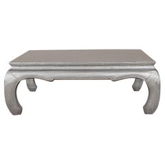 Vintage Teak Coffee Table with Custom Silver Patina, Chow Legs and Carved Apron