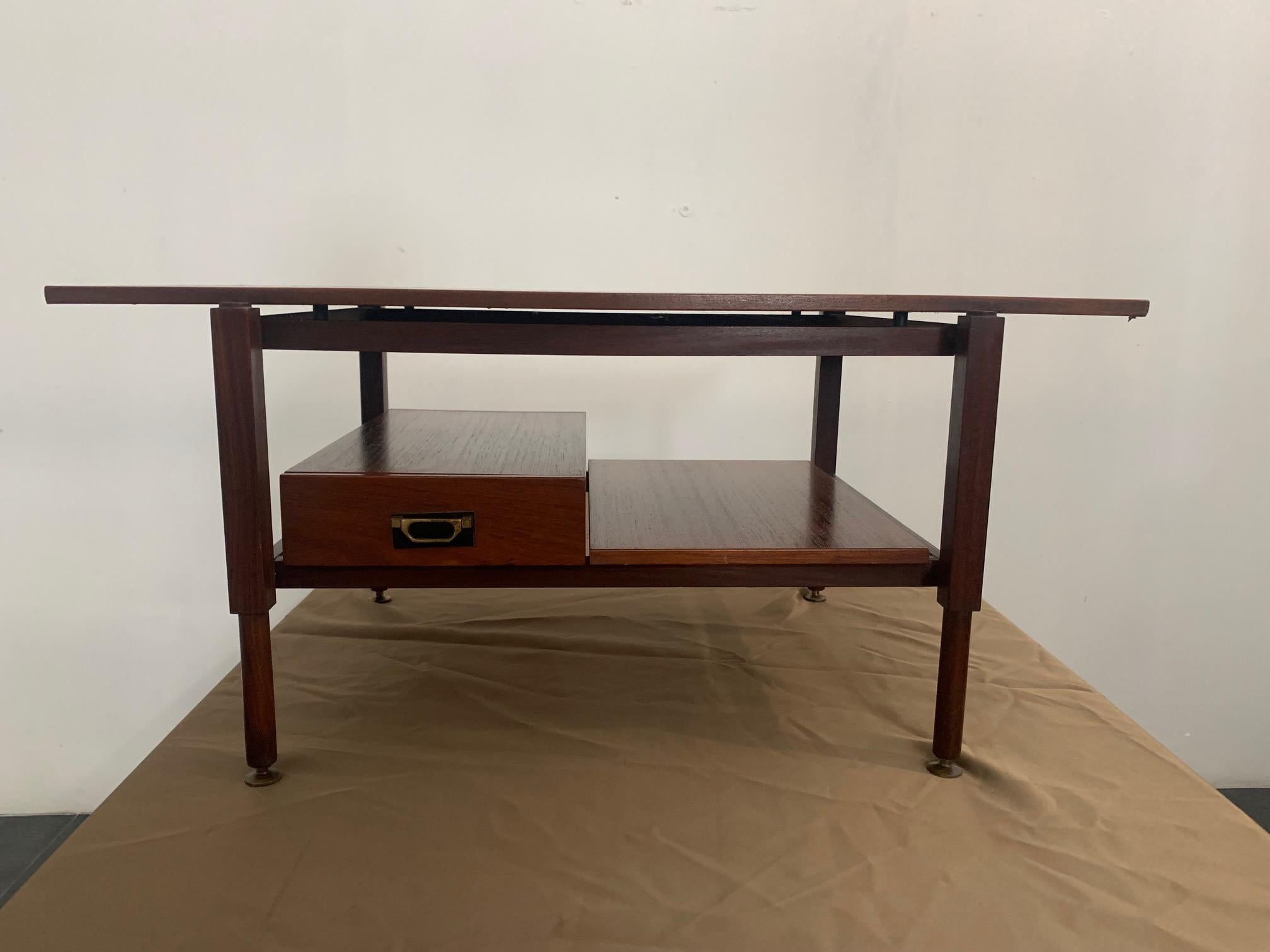Teak Coffee Table with Drawer and Brass Details, 1960s In Good Condition In Montelabbate, PU