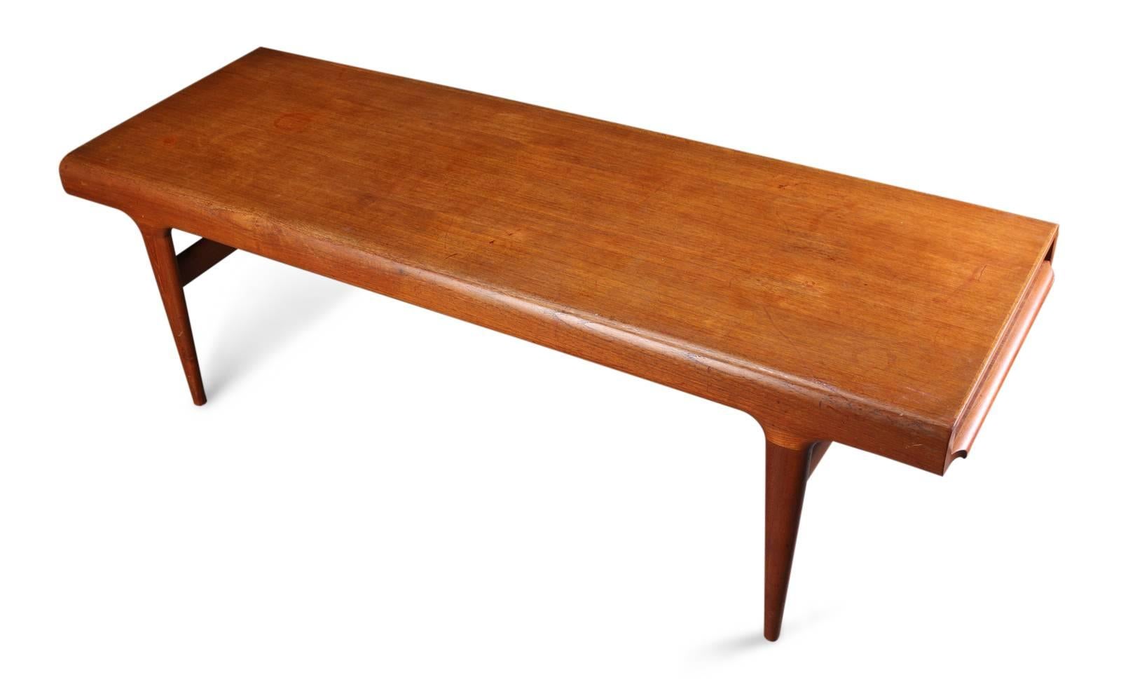 Johannes Andersen, 1922-2003. Coffee table with massive teak legs, tabletop with teak veneer, drawer with reversible panel in teak and black Formica and sliding extension panel.
Measures: H 53, L 170, B 60 cm. Made by Uldum Møbelfabrik.
Age and