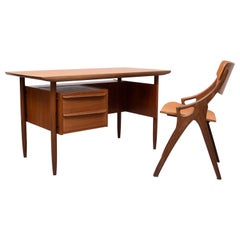 Teak Cow Horn Desk and Matching Chair Tijsseling, Holland, 1960s