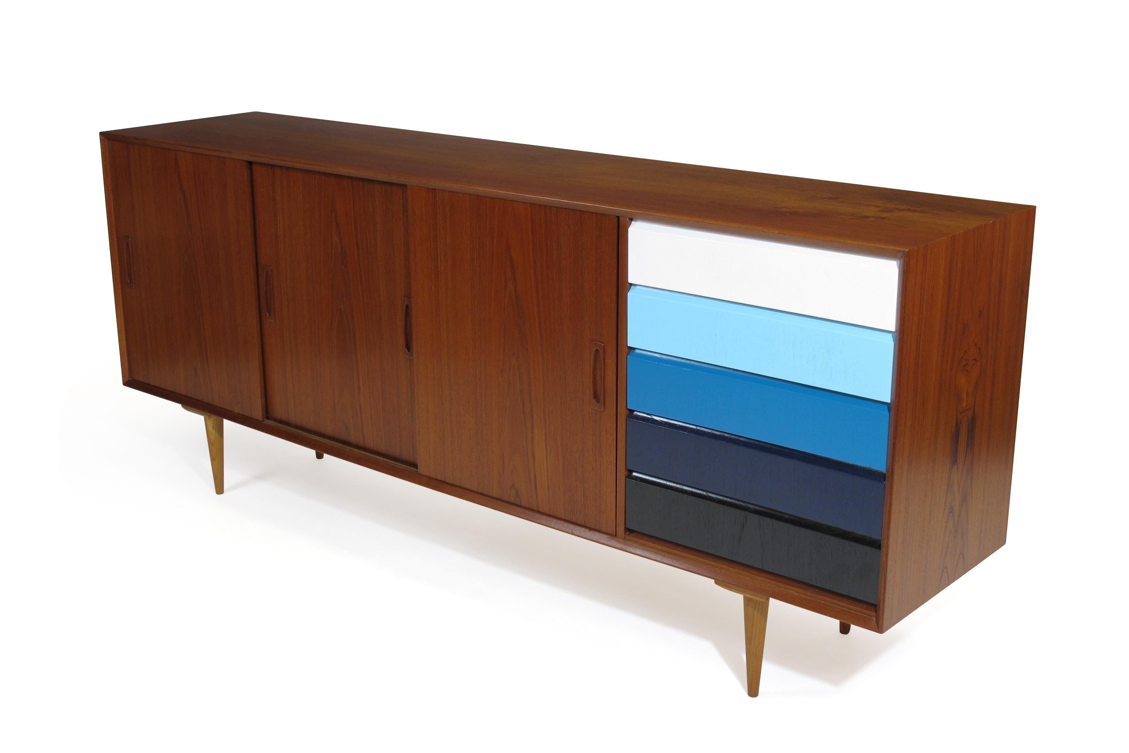 Danish Teak Credenza with Sliding Doors and Color Blocked Drawers