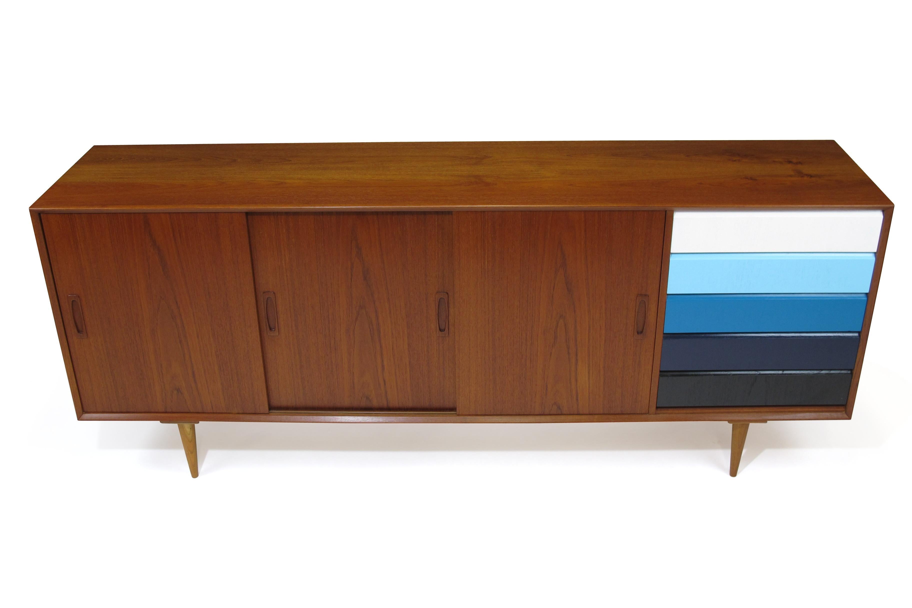 Oiled Teak Credenza with Sliding Doors and Color Blocked Drawers