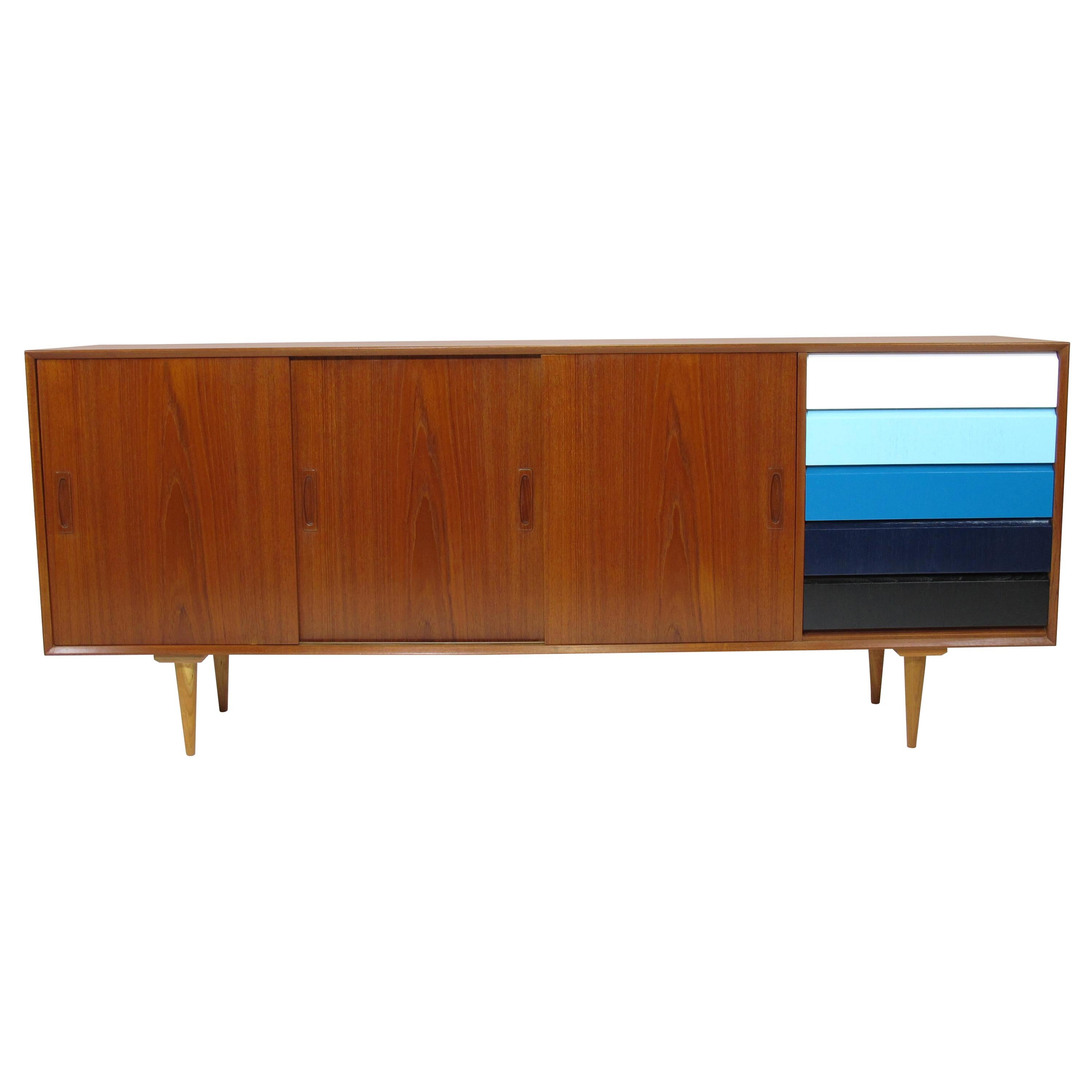 Teak Credenza with Sliding Doors and Color Blocked Drawers