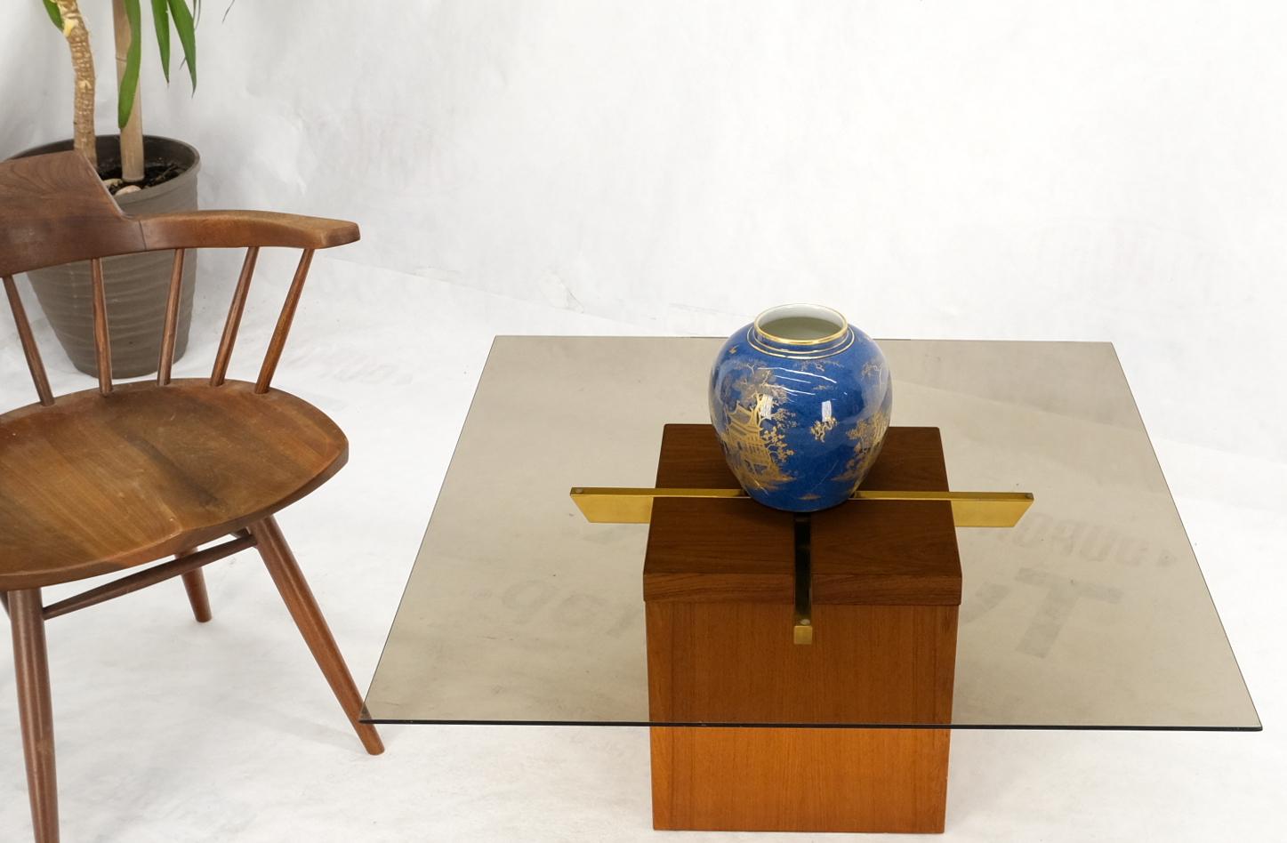 Teak cube & brass x base danish modern bronze smoked square glass coffee table.