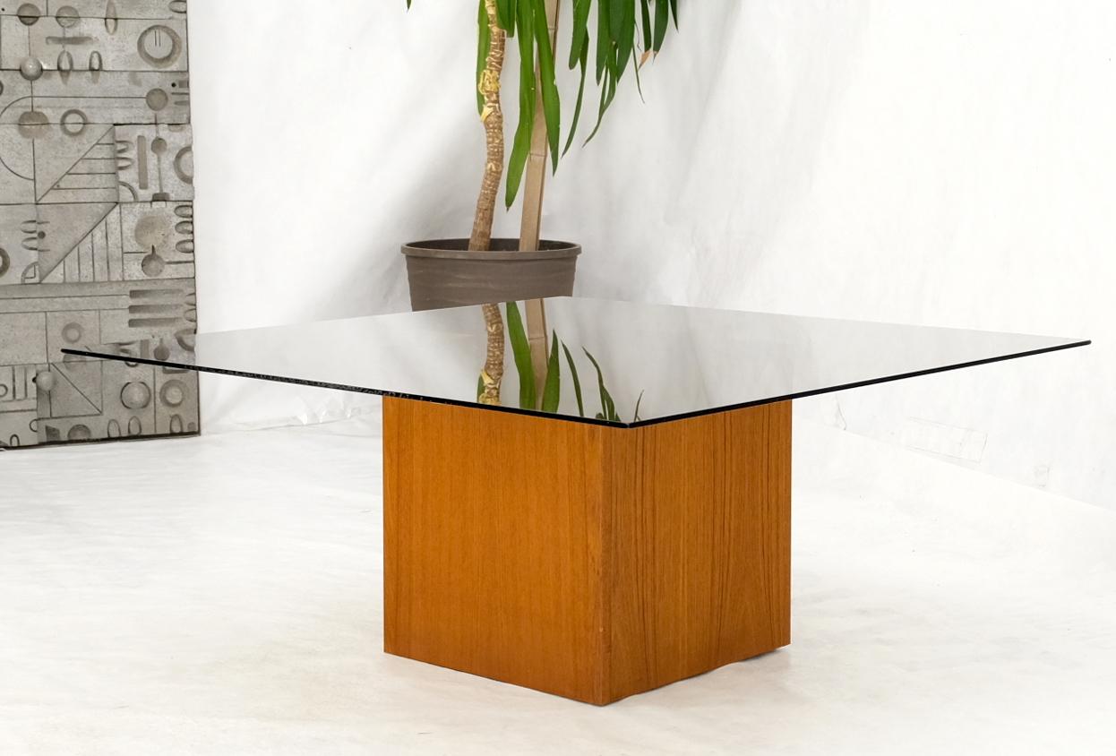 Mid-Century Modern Teak Cube & Brass X Base Danish Modern Bronze Smoked Square Glass Coffee Table For Sale