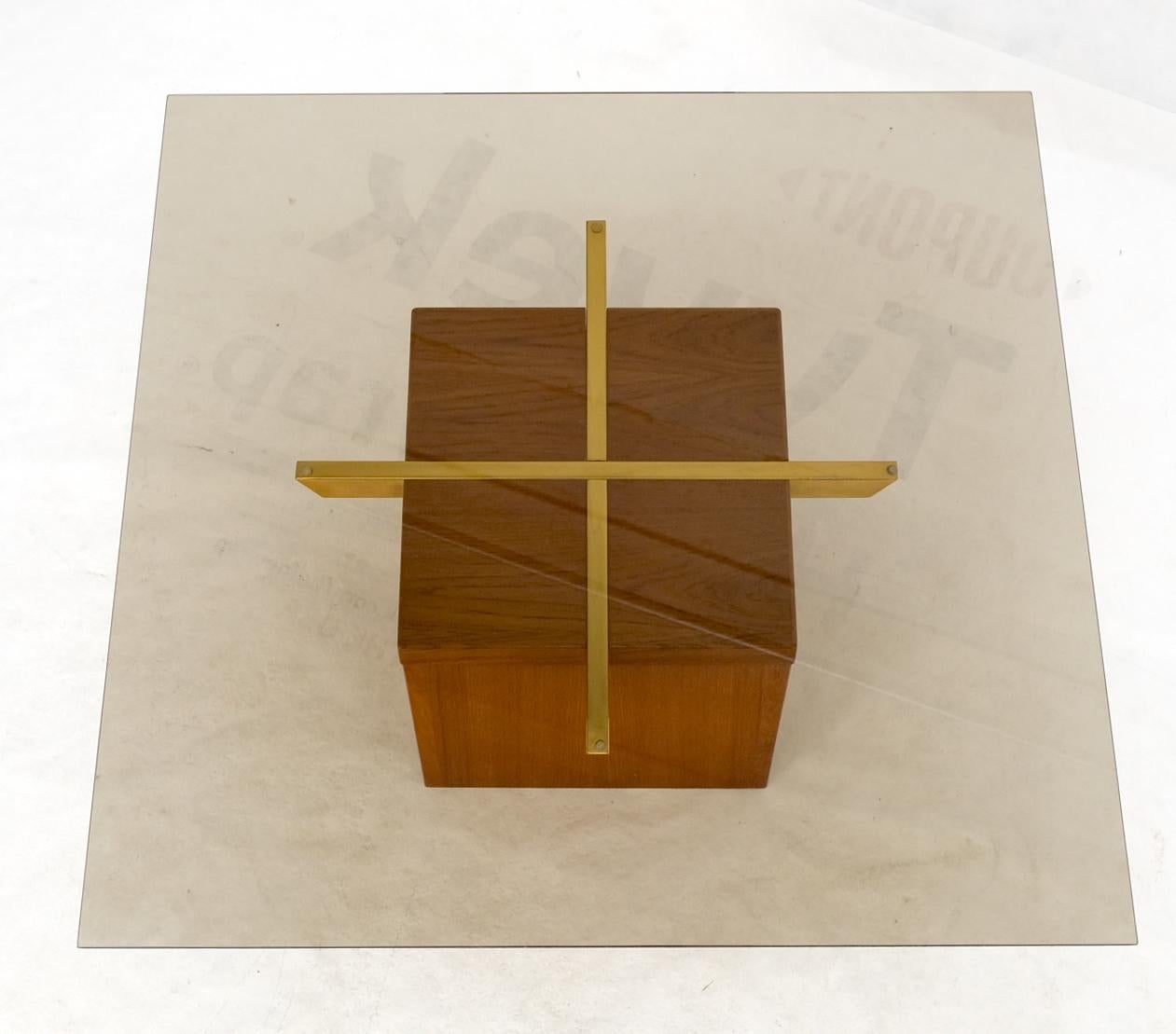 Teak Cube & Brass X Base Danish Modern Bronze Smoked Square Glass Coffee Table In Good Condition For Sale In Rockaway, NJ