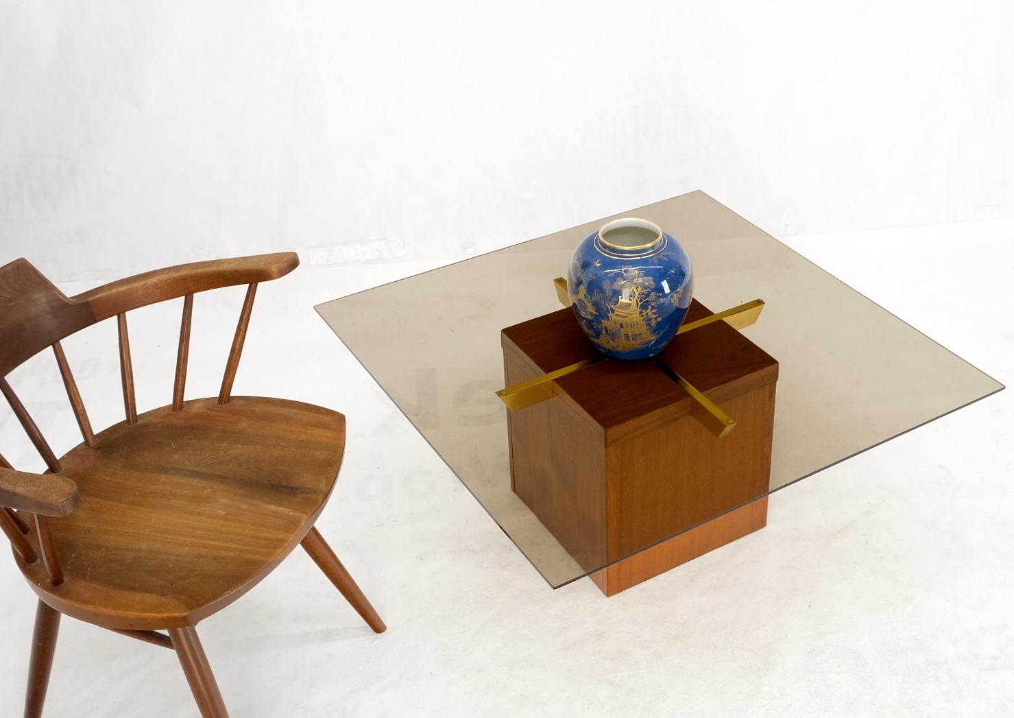 20th Century Teak Cube & Brass X Base Danish Modern Bronze Smoked Square Glass Coffee Table For Sale