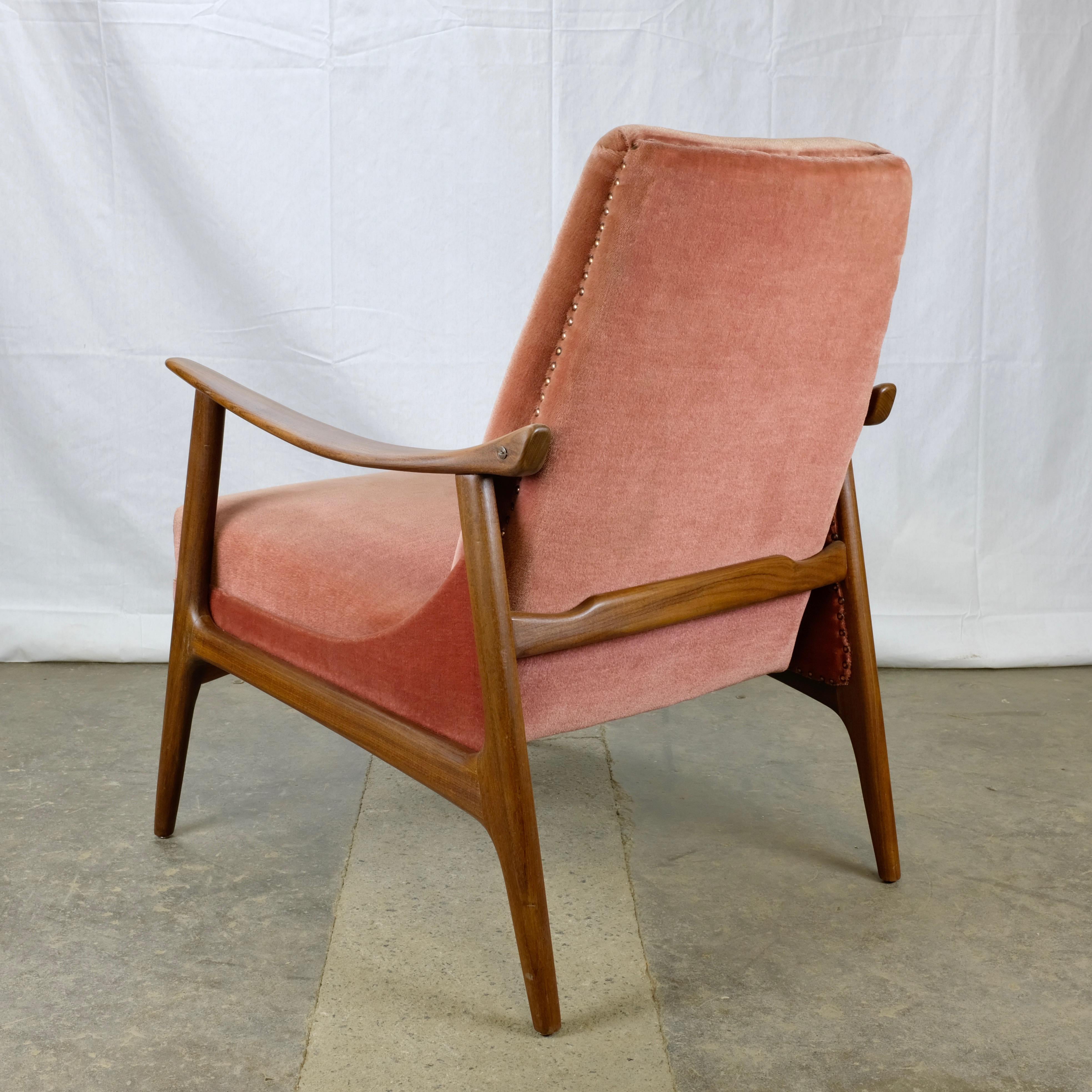 Scandinavian Modern Teak Danish Modern Armchair with Velour Upholstery For Sale