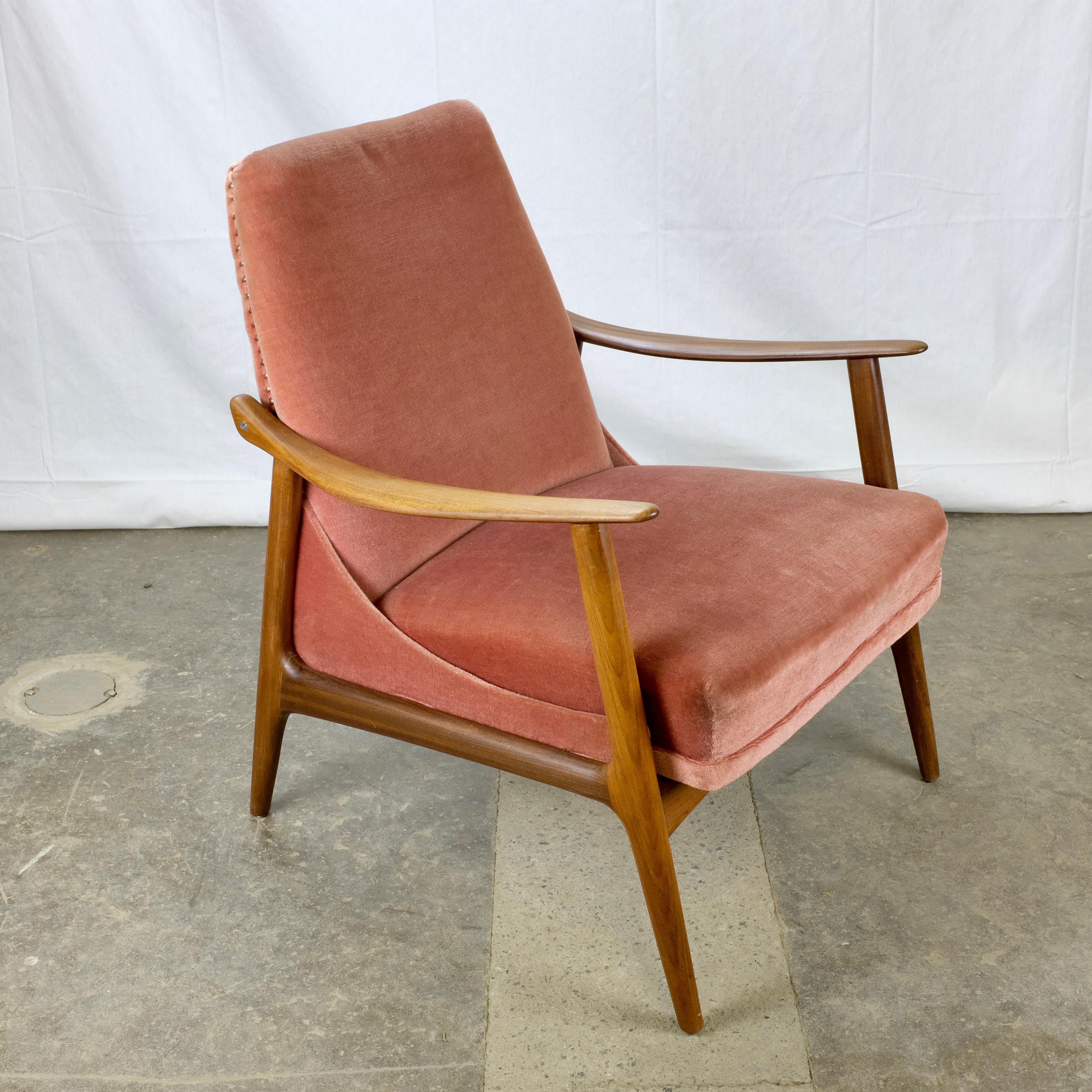 Mid-20th Century Teak Danish Modern Armchair with Velour Upholstery For Sale