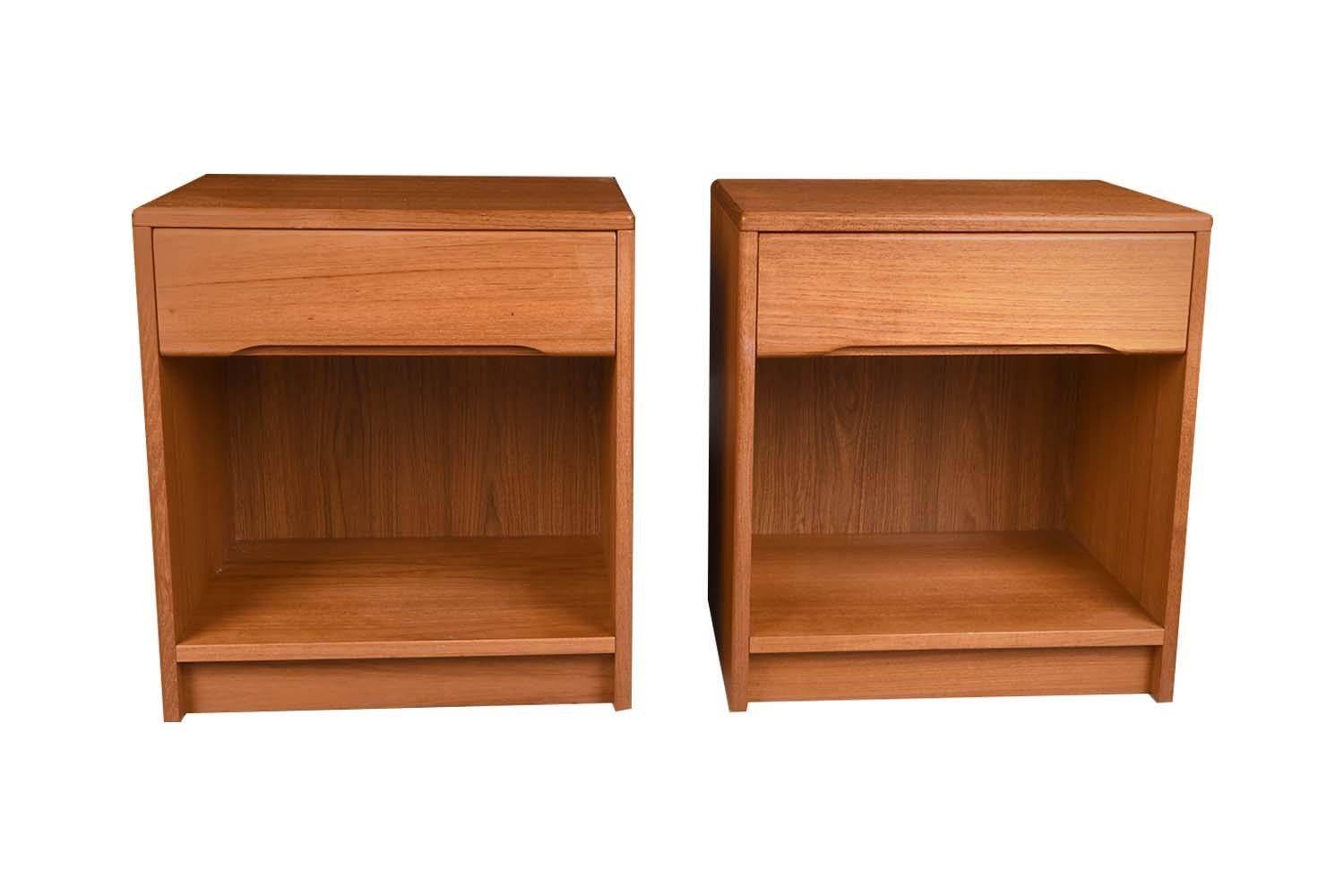 These Scandinavian Modernist, teak Danish tables/ nightstands were produced in Denmark, circa 1970s, elegant design with clean straight lines make them sleek, minimalist pieces with functionality, iconic Scandinavian classic look, gorgeous hues of