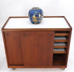 Teak Danish Modern Petit Serving Credenza on Wheels Bar Liquor Cabinet Dresser