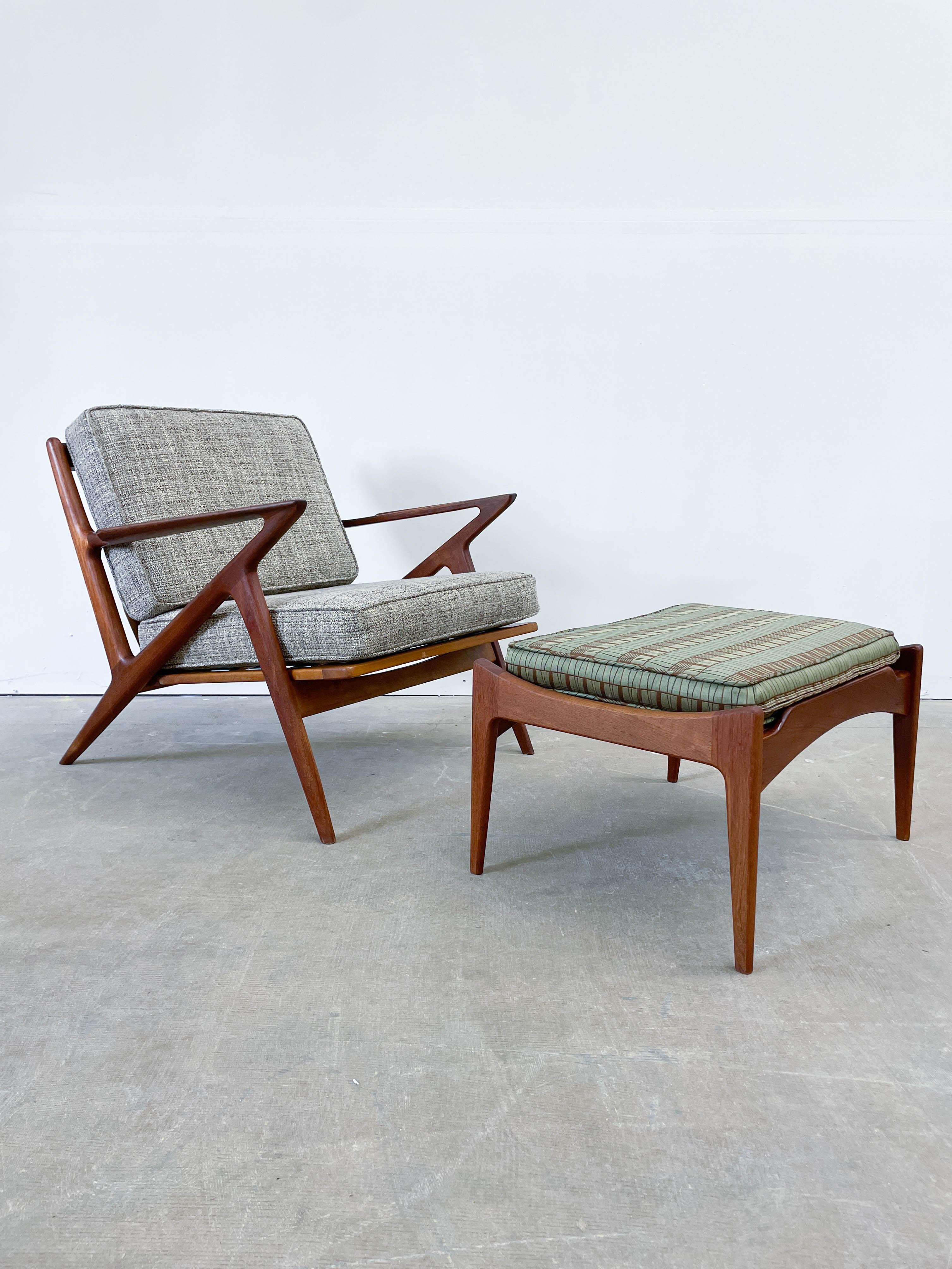 The sleek, classic lines of this iconic Danish chair from the late 1950s are instantly recognizable. Designed by Poul Jensen for Selig, this rare Z-Chair and ottoman are both crafted from teak, a luxurious alternative to the more common Z-Chairs