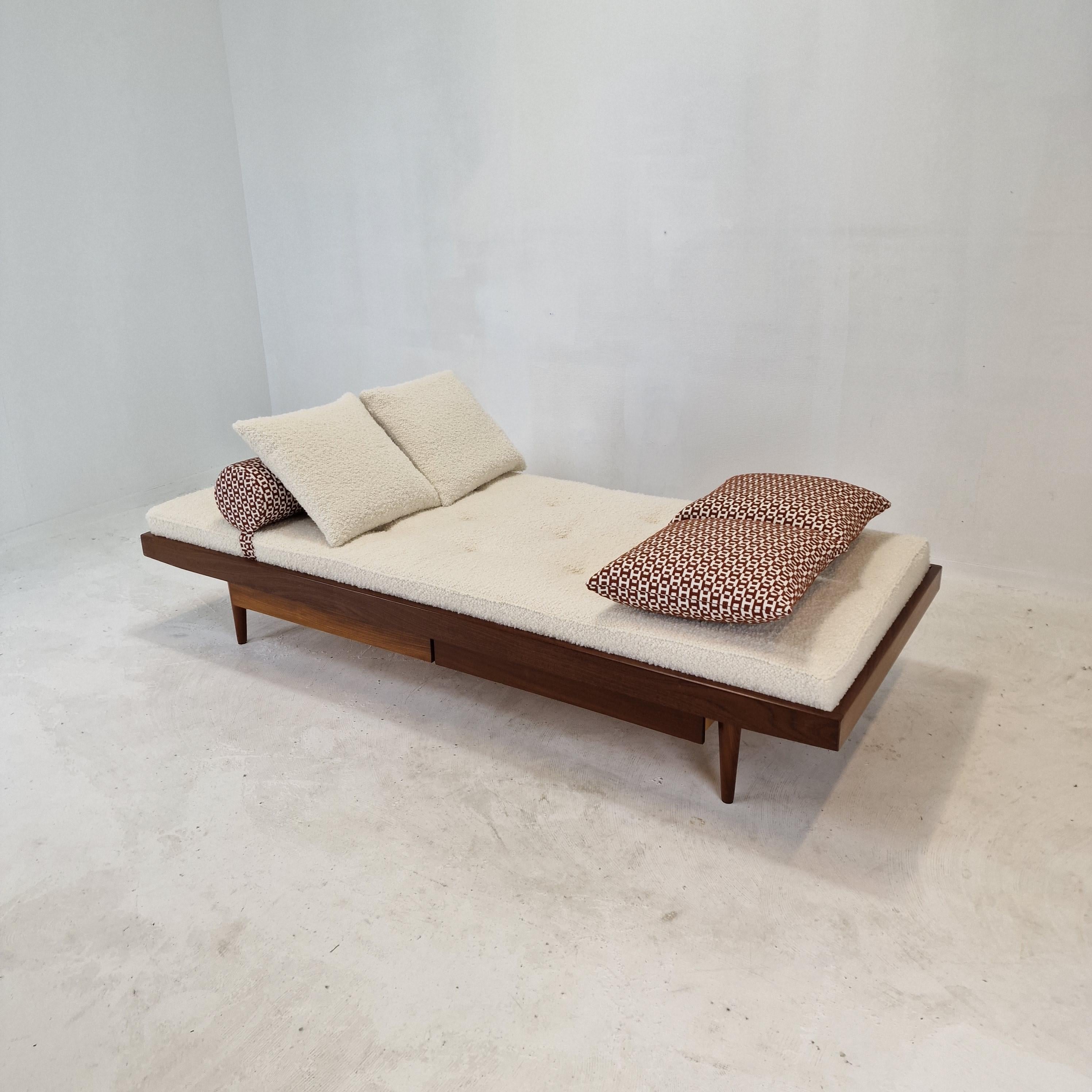 Fabric Teak Daybed with Hermes Cushions and Bolster, 1960s For Sale