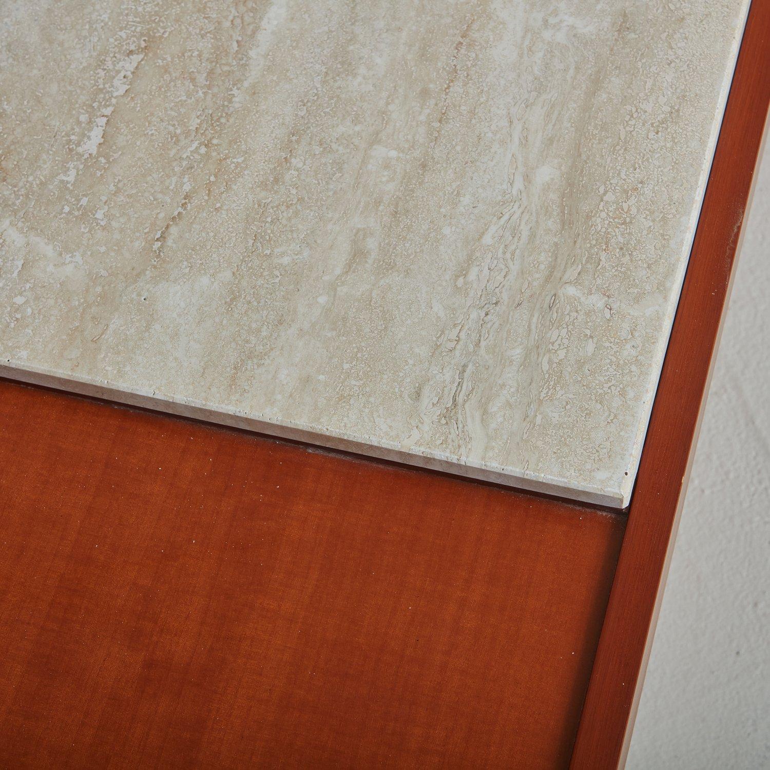 Teak Demilune Coffee Table with Travertine Top, Italy 1970s In Good Condition In Chicago, IL
