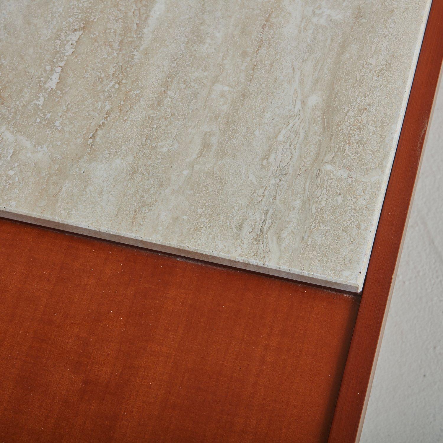 Teak Demilune Coffee Table with Travertine Top, Italy 1970s In Good Condition For Sale In Chicago, IL