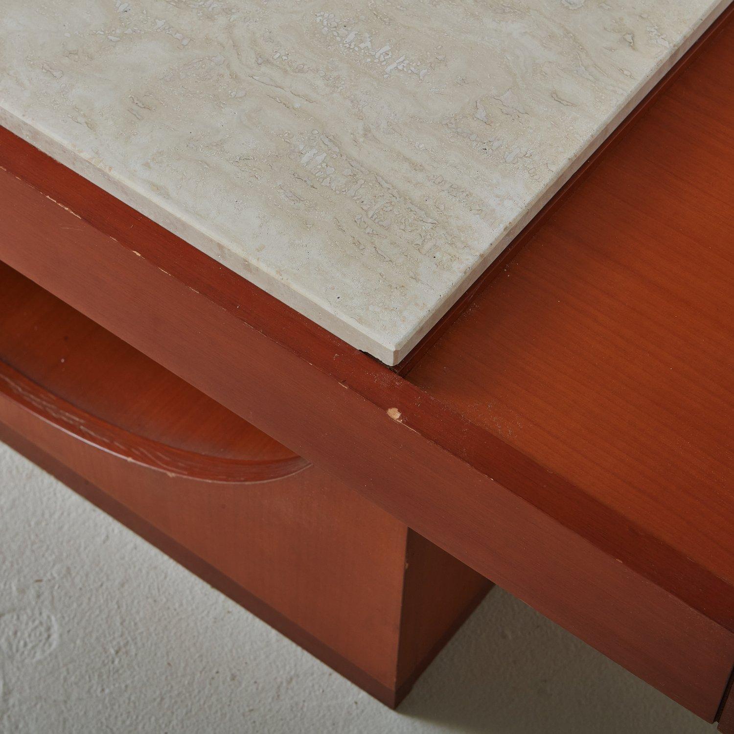Teak Demilune Coffee Table with Travertine Top, Italy 1970s 2