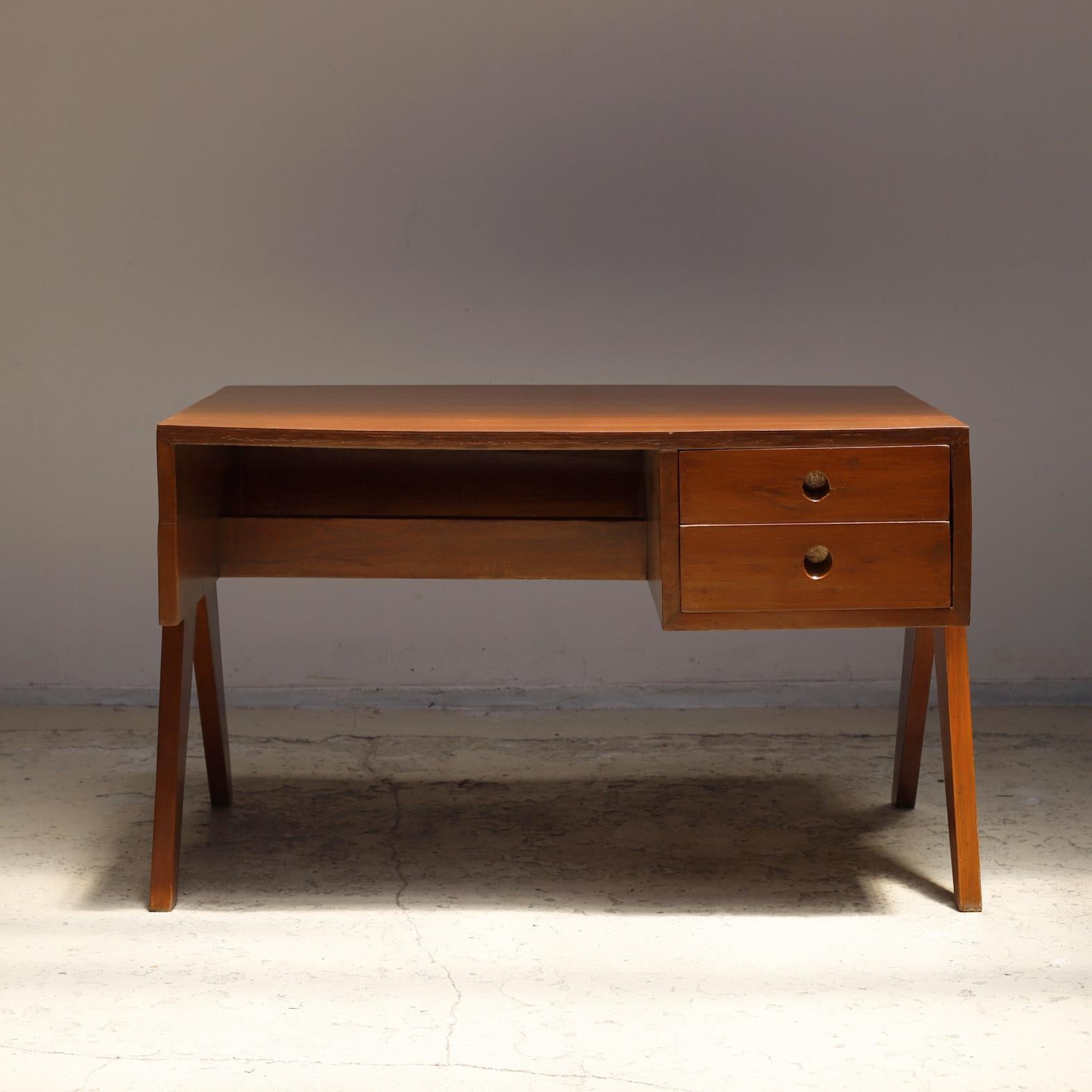 Designed for various buildings in the city of Chandigarh in the midcentury by Pierre Jeanneret The desk is designed to fit his office chair, which varies from individual to individual. It is designed to fit his office chair, which varies from person