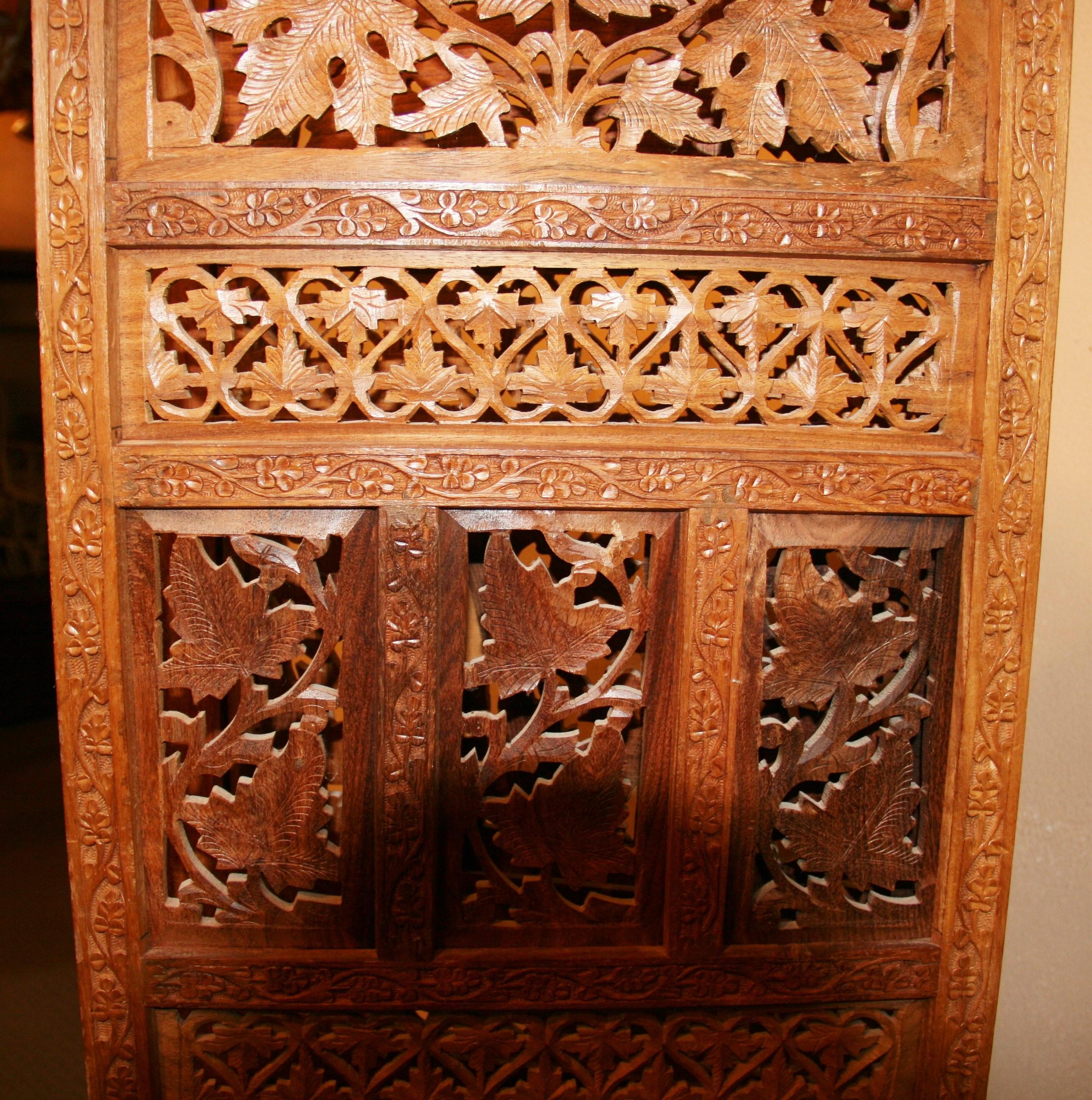 Teak Detailed Carved Three Panel Room Screen For Sale 3