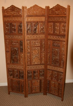 Teak Detailed Carved Three Panel Room Screen