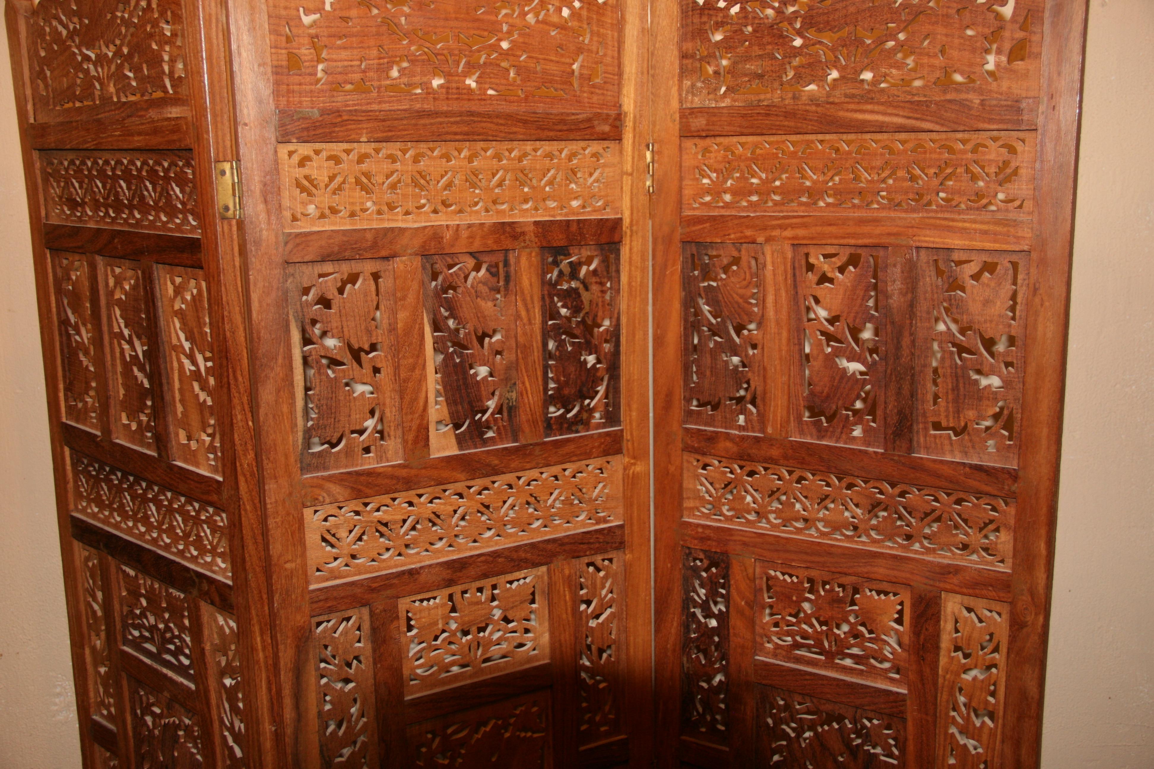 Hardwood Teak Detailed Carved Three Panel Room Screen For Sale