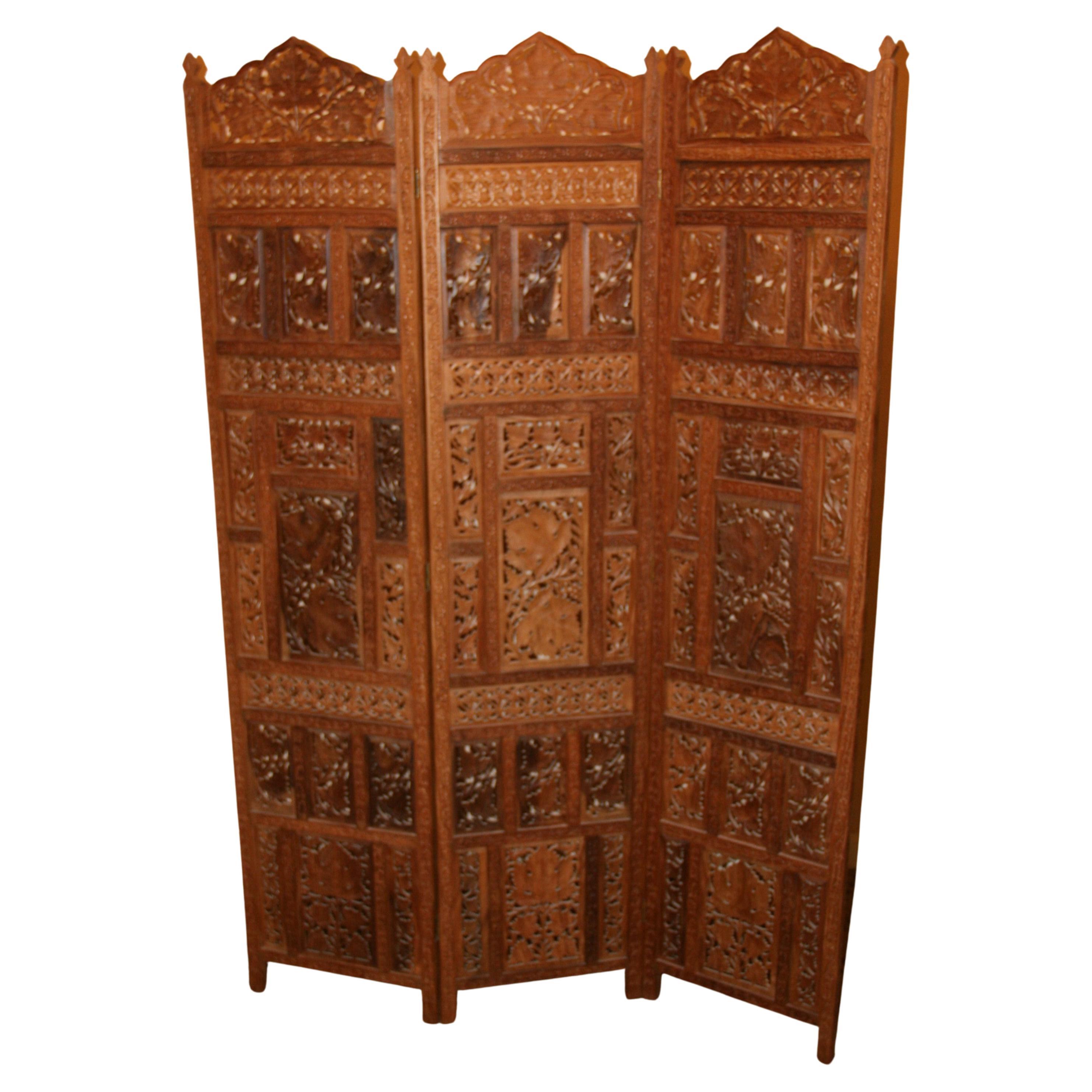 Teak Detailed Carved Three Panel Room Screen For Sale