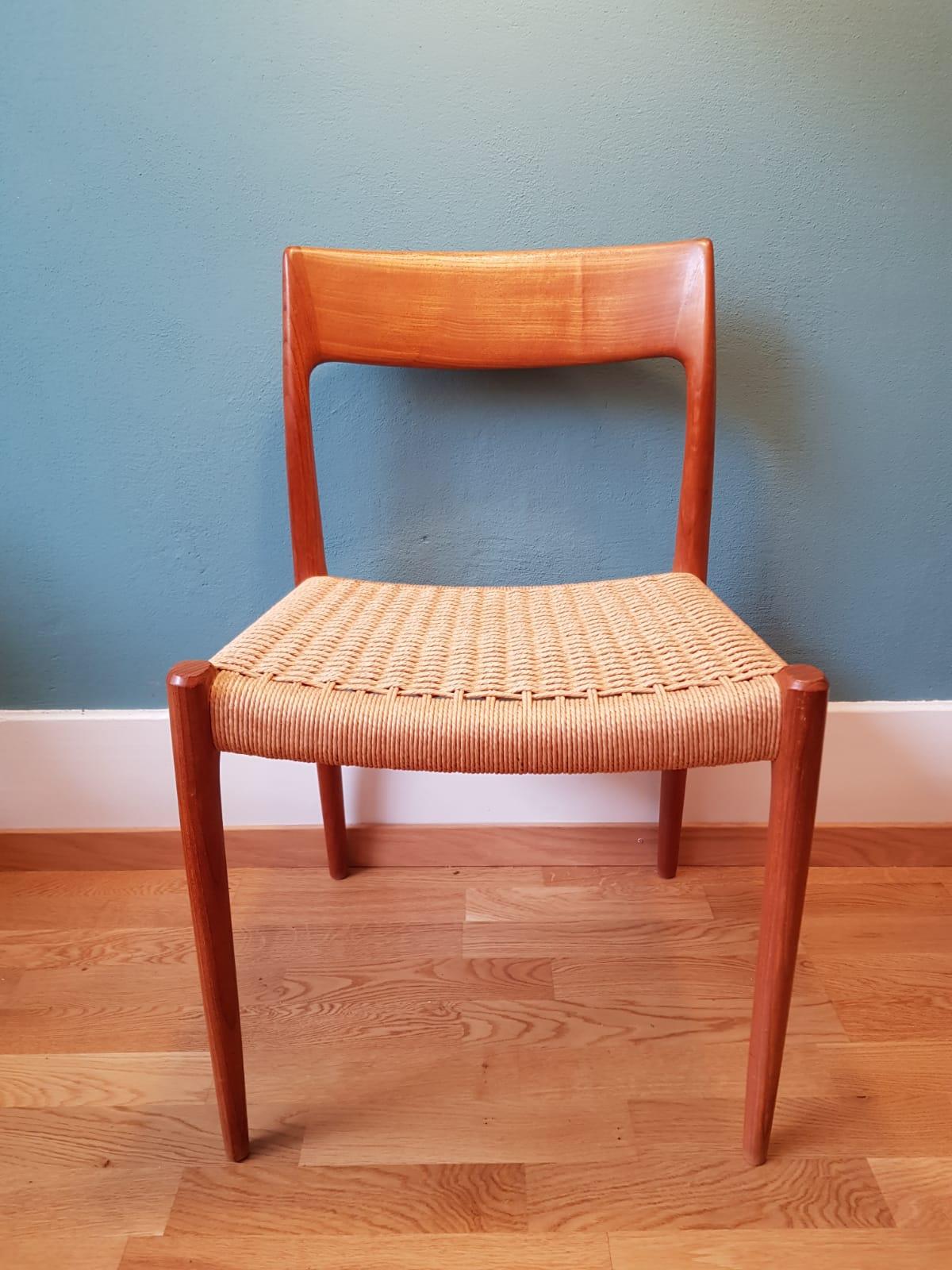 Papercord Teak Dining Chairs No. 75 from N.O. Møller for J.L. Møller, 1960 Set of 4