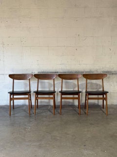 Teak Dining Chairs with Black Leatherette Seats Set of 4 Danish Vintage 1960s