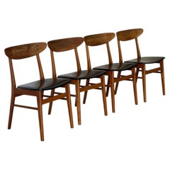 Teak Dining Chairs with Black Leatherette Seats Set of 4 Danish Vintage 1960s