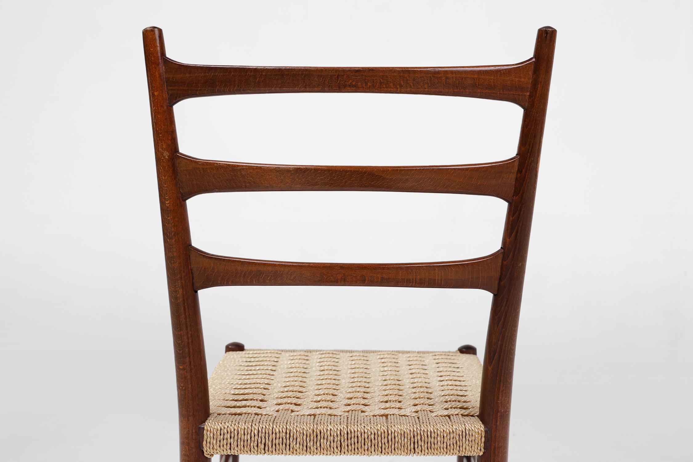 Belgian Teak dining chairs with braided rope seat, Belgium 1960s For Sale