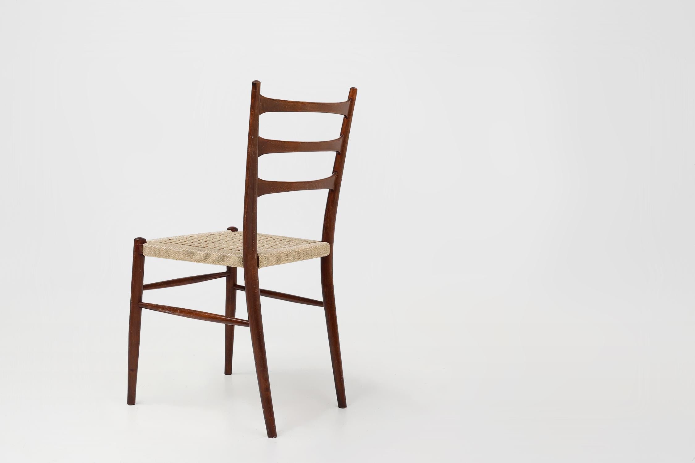 Rope Teak dining chairs with braided rope seat, Belgium 1960s For Sale