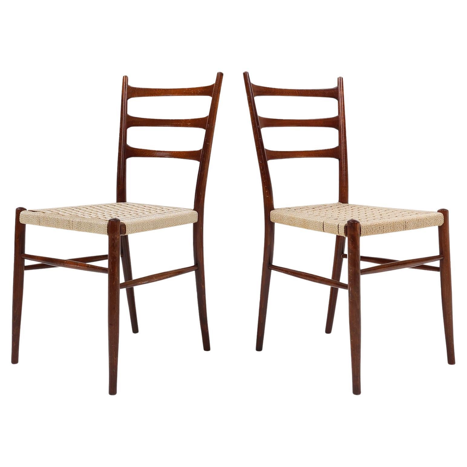 Teak dining chairs with braided rope seat, Belgium 1960s For Sale