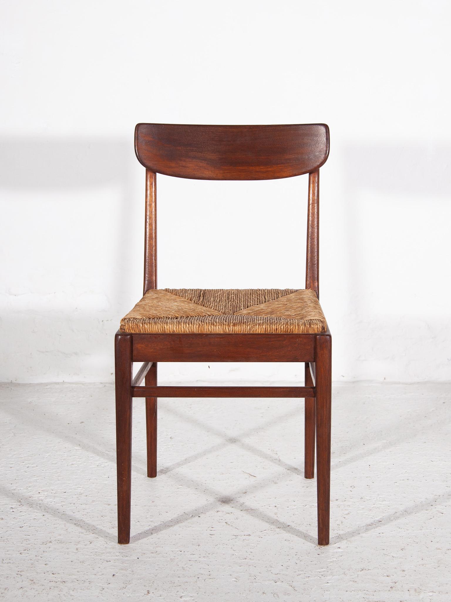 Original solid teak and rattan dining of side chairs, comfortable to sit, price a piece 5 chairs available handcrafted by the artist Paulussen, Belgium.