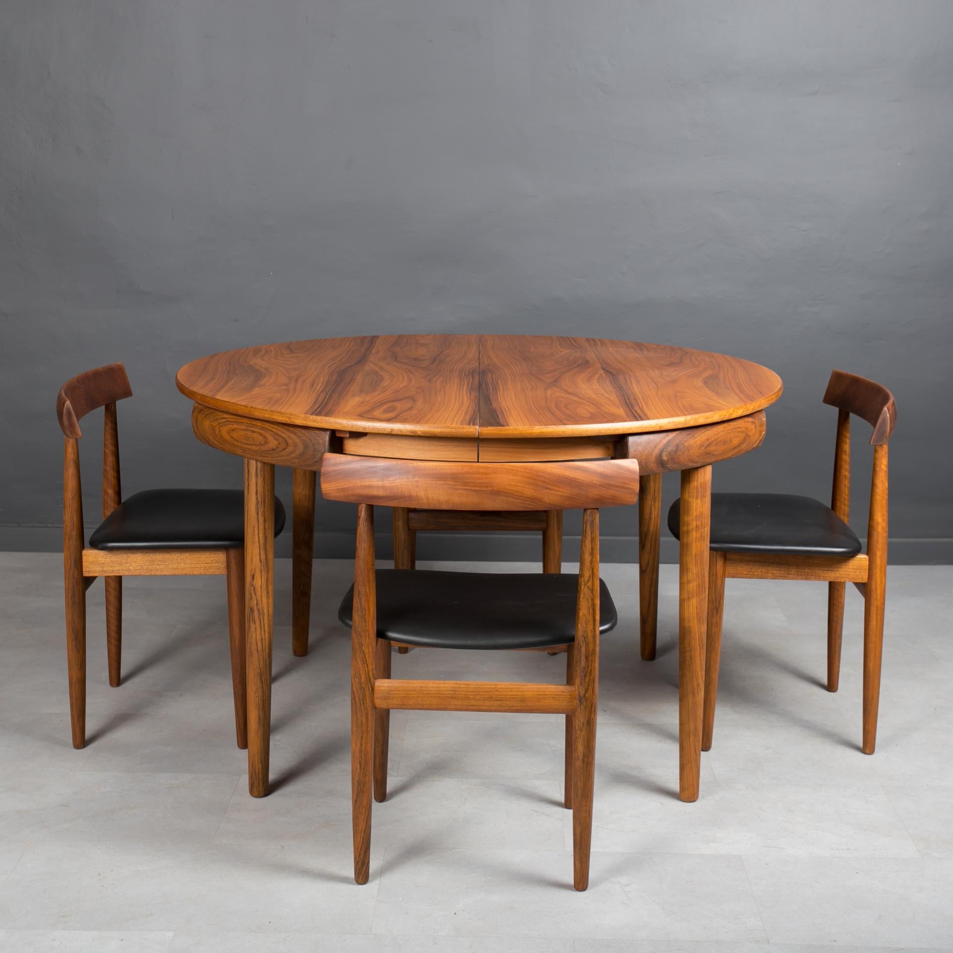 Danish Teak Dining Set, 4 Chairs, Round Table, designed by Hans Olsen, Denmark, 1960s