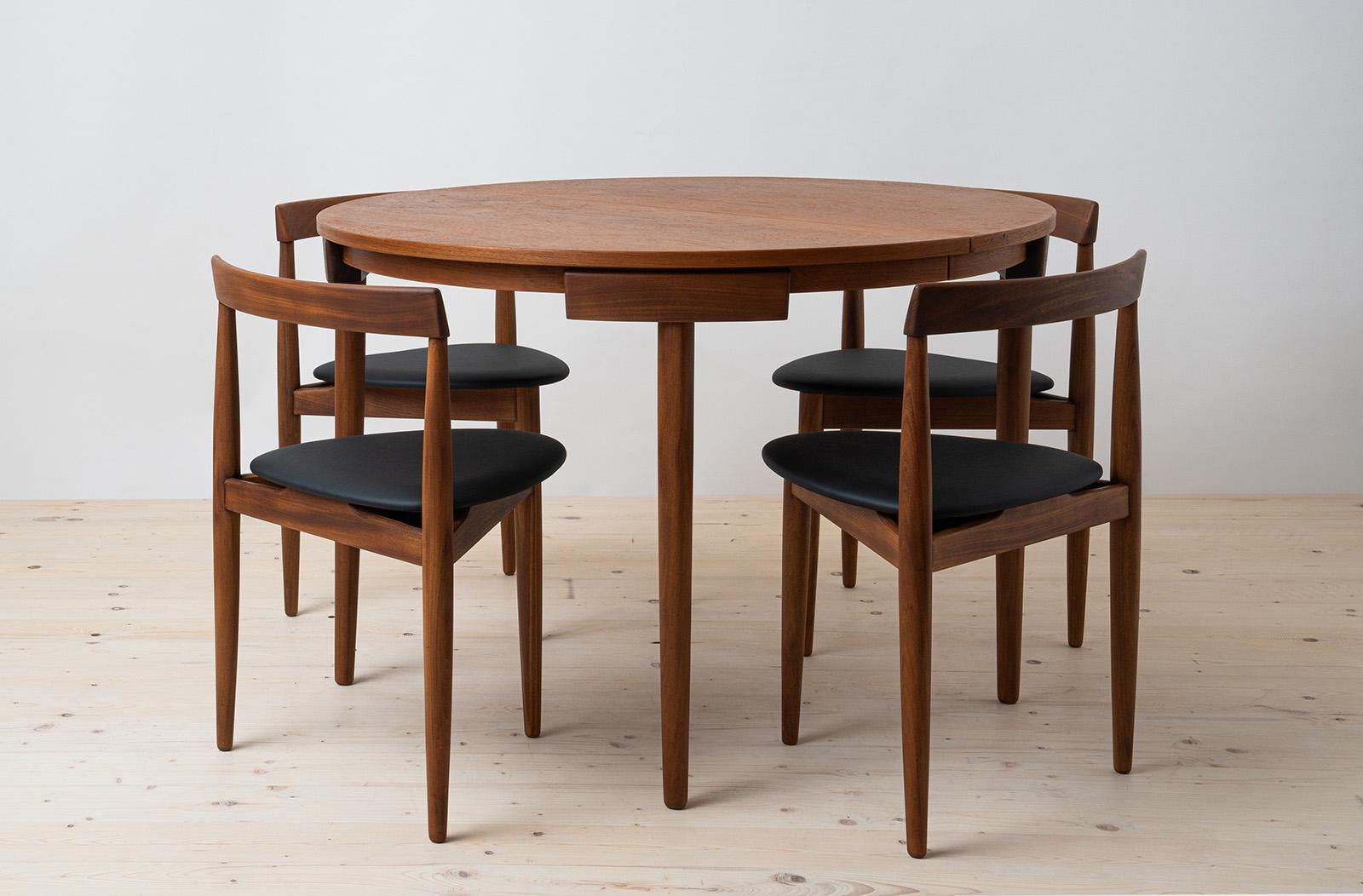 Esszimmer-Set aus Teakholz von Hans Olsen, 4 Stühle, runder Tisch, dänische Moderne, 1950er Jahre (Moderne der Mitte des Jahrhunderts)