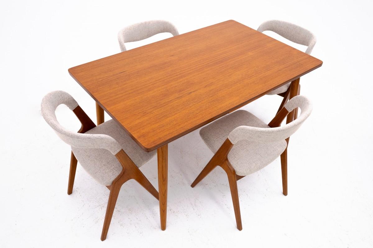 Ensemble de salle à manger composé d'une table et de chaises des années 1960, Danemark.

Meubles en très bon état, après une rénovation professionnelle.

Dimensions :

Chaises : hauteur 76 cm / hauteur d'assise 43 cm / largeur 48 cm / profondeur 53