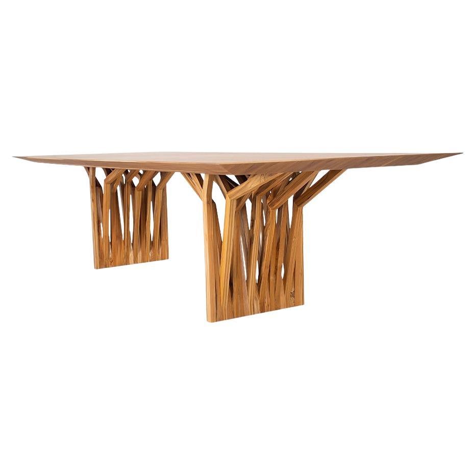 Mesa de comedor de teca con base escultural inspirada en las raíces y tablero de 98 pulgadas, Radi Line