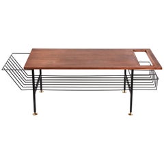 Vintage Teak, Enamelled Iron and Brass Italian Coffee Table with Magazine Rack, 1960s